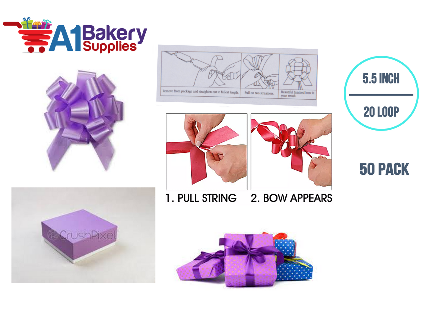 A1BakerySupplies 50 Pieces Pull Bow for Gift Wrapping Gift Bows Pull Bow With Ribbon for Wedding Gift Baskets, 5.5 Inch 20 Loop in Lavender Color