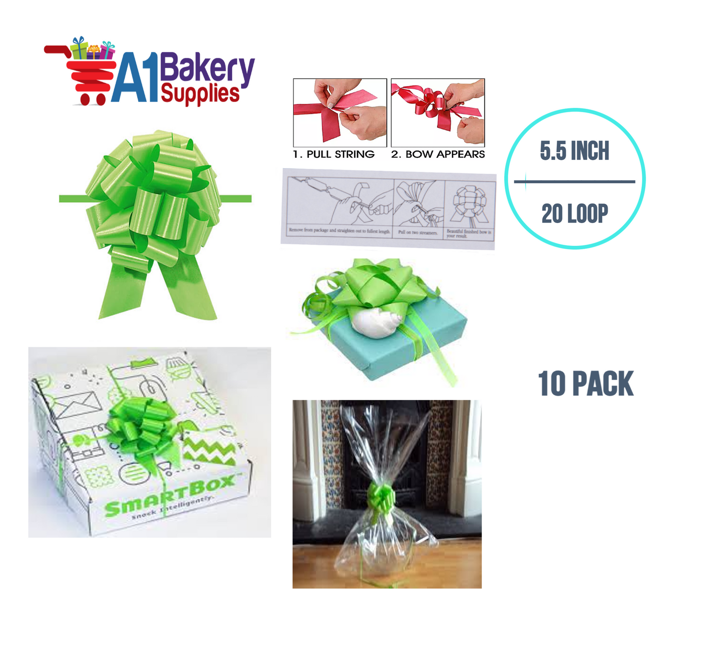A1BakerySupplies 10 Pieces Pull Bow for Gift Wrapping Gift Bows Pull Bow With Ribbon for Wedding Gift Baskets, 5.5 Inch 20 Loop in Citrus Green Color