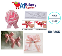 A1BakerySupplies 50 Pieces Pull Bow for Gift Wrapping Gift Bows Pull Bow With Ribbon for Wedding Gift Baskets, 4 Inch 18 Loop in Baby Pink Flora Satin Color