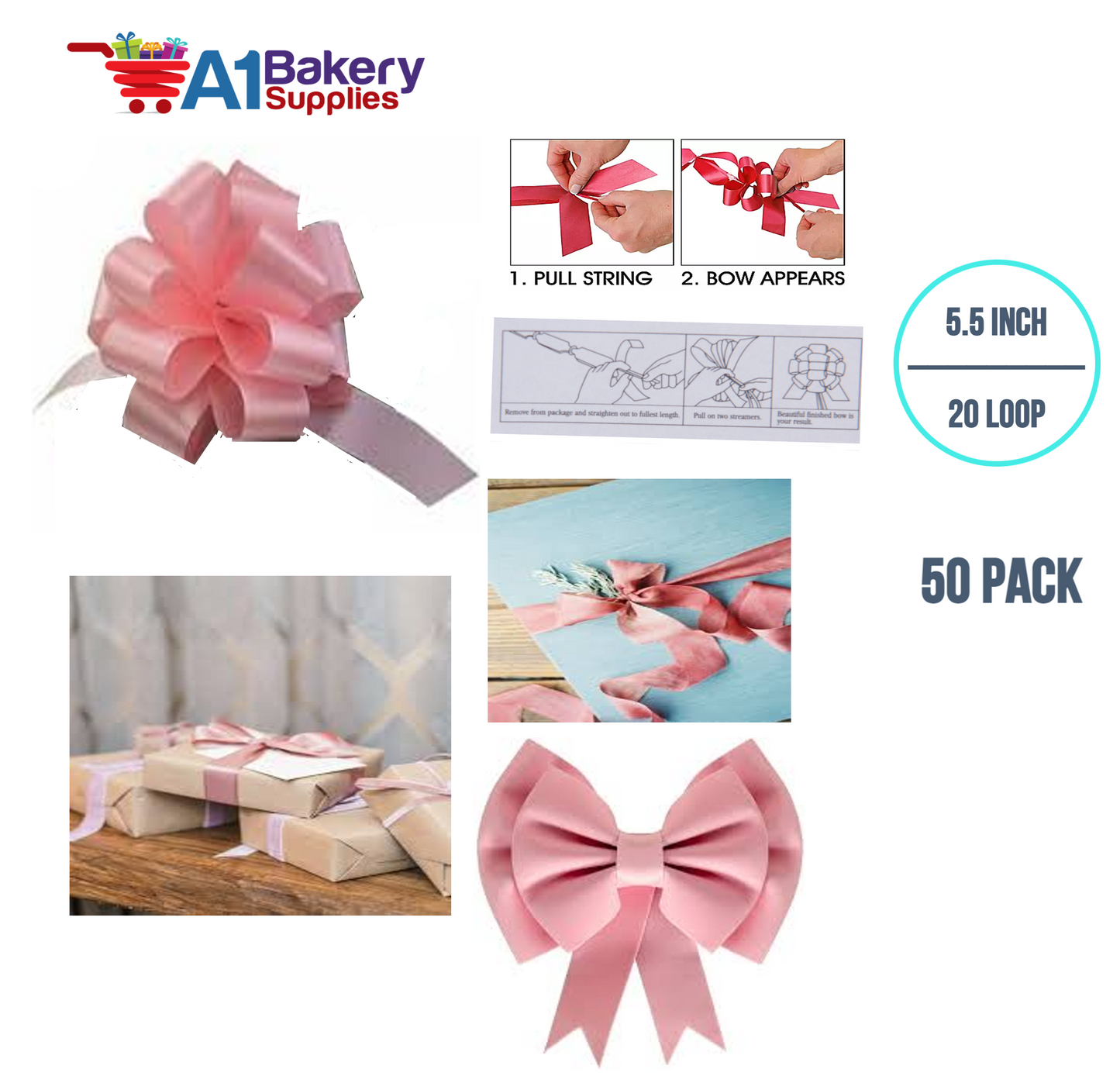 A1BakerySupplies 50 Pieces Pull Bow for Gift Wrapping Gift Bows Pull Bow With Ribbon for Wedding Gift Baskets, 5.5 Inch 20 Loop in Pink Color