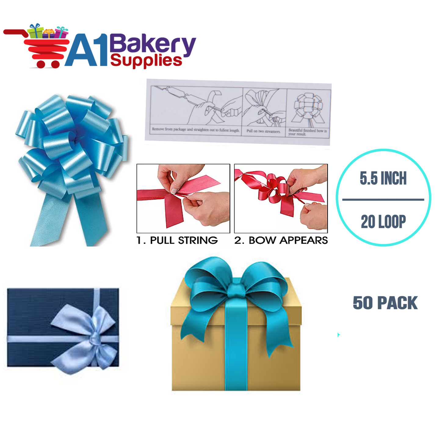 A1BakerySupplies 50 Pieces Pull Bow for Gift Wrapping Gift Bows Pull Bow With Ribbon for Wedding Gift Baskets, 5.5 Inch 20 Loop in Light Blue Color