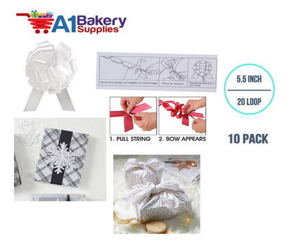 A1BakerySupplies 10 Pieces Pull Bow for Gift Wrapping Gift Bows Pull Bow With Ribbon for Wedding Gift Baskets, 5.5 Inch 20 Loop in White Color