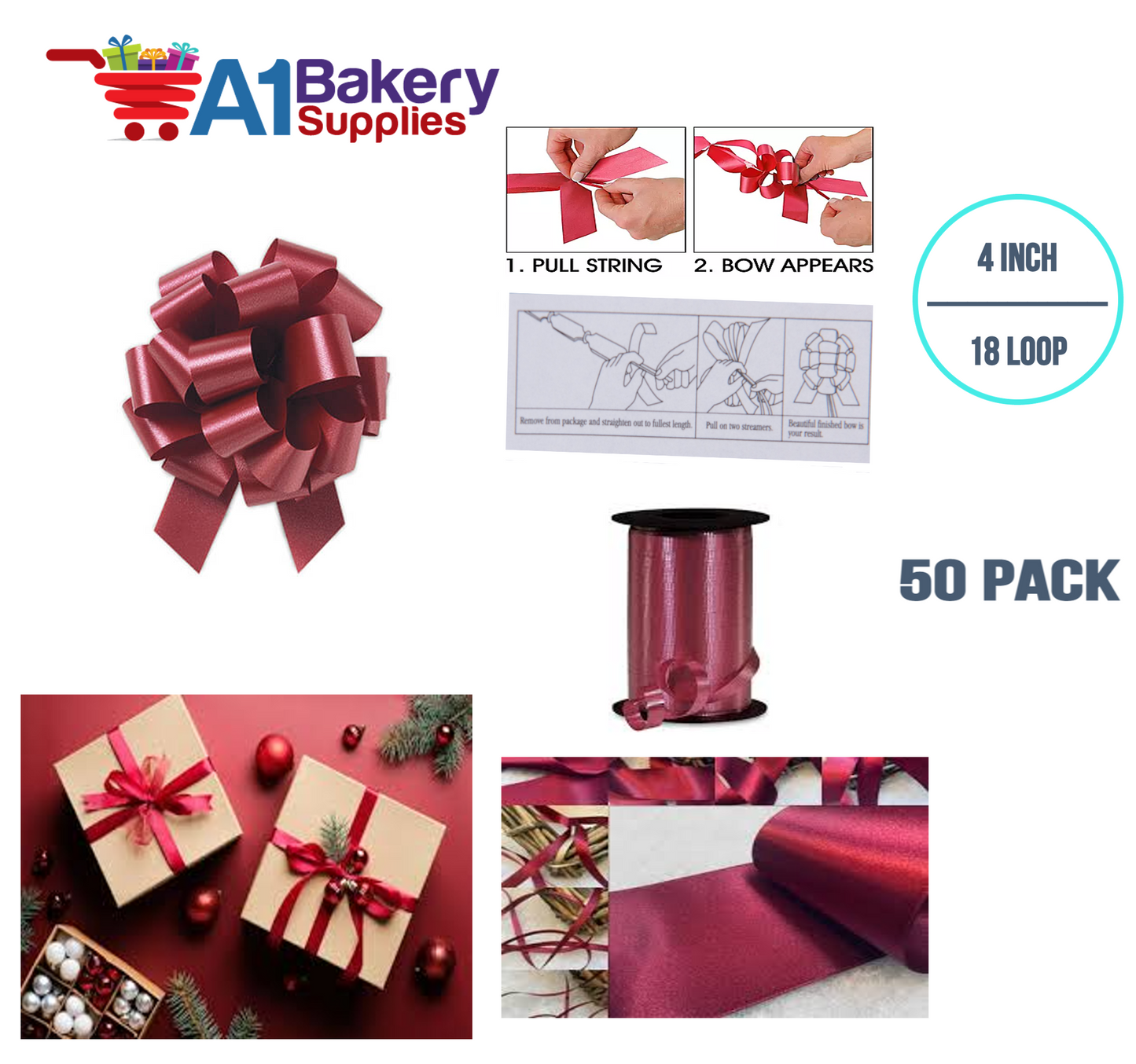 A1BakerySupplies 50 Pieces Pull Bow for Gift Wrapping Gift Bows Pull Bow With Ribbon for Wedding Gift Baskets, 4 Inch 18 Loop Marsala Maroon Flora Satin Color