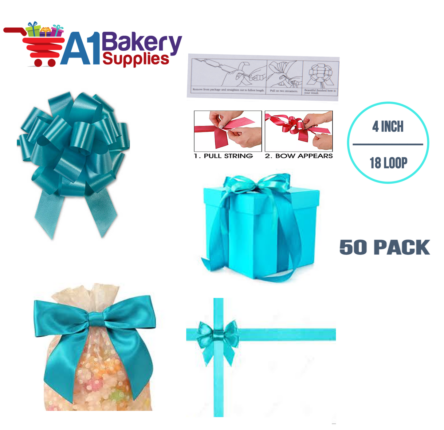 A1BakerySupplies 50 Pieces Pull Bow for Gift Wrapping Gift Bows Pull Bow With Ribbon for Wedding Gift Baskets, 4 Inch 18 Loop Turquoise Flora Satin Color