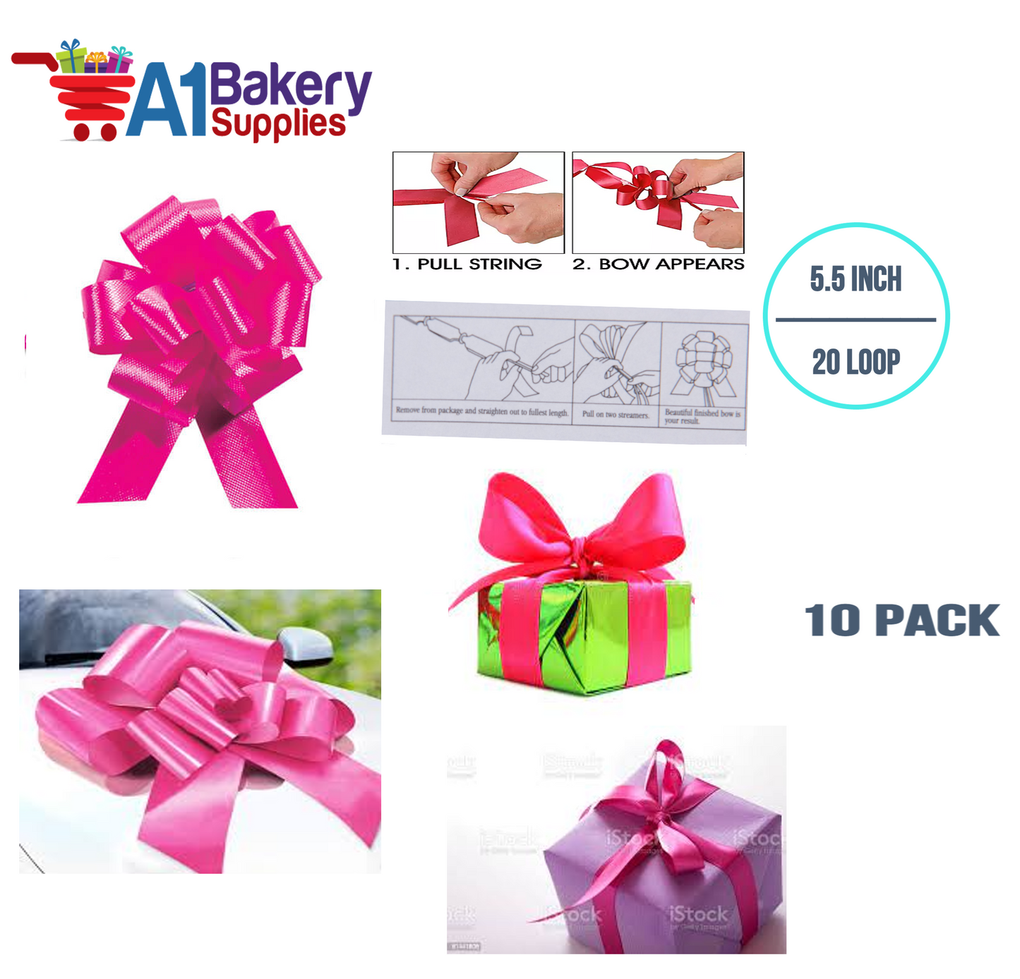 A1BakerySupplies 10 Pieces Pull Bow for Gift Wrapping Gift Bows Pull Bow With Ribbon for Wedding Gift Baskets, 5.5 Inch 20 Loop in Pink Beauty Color