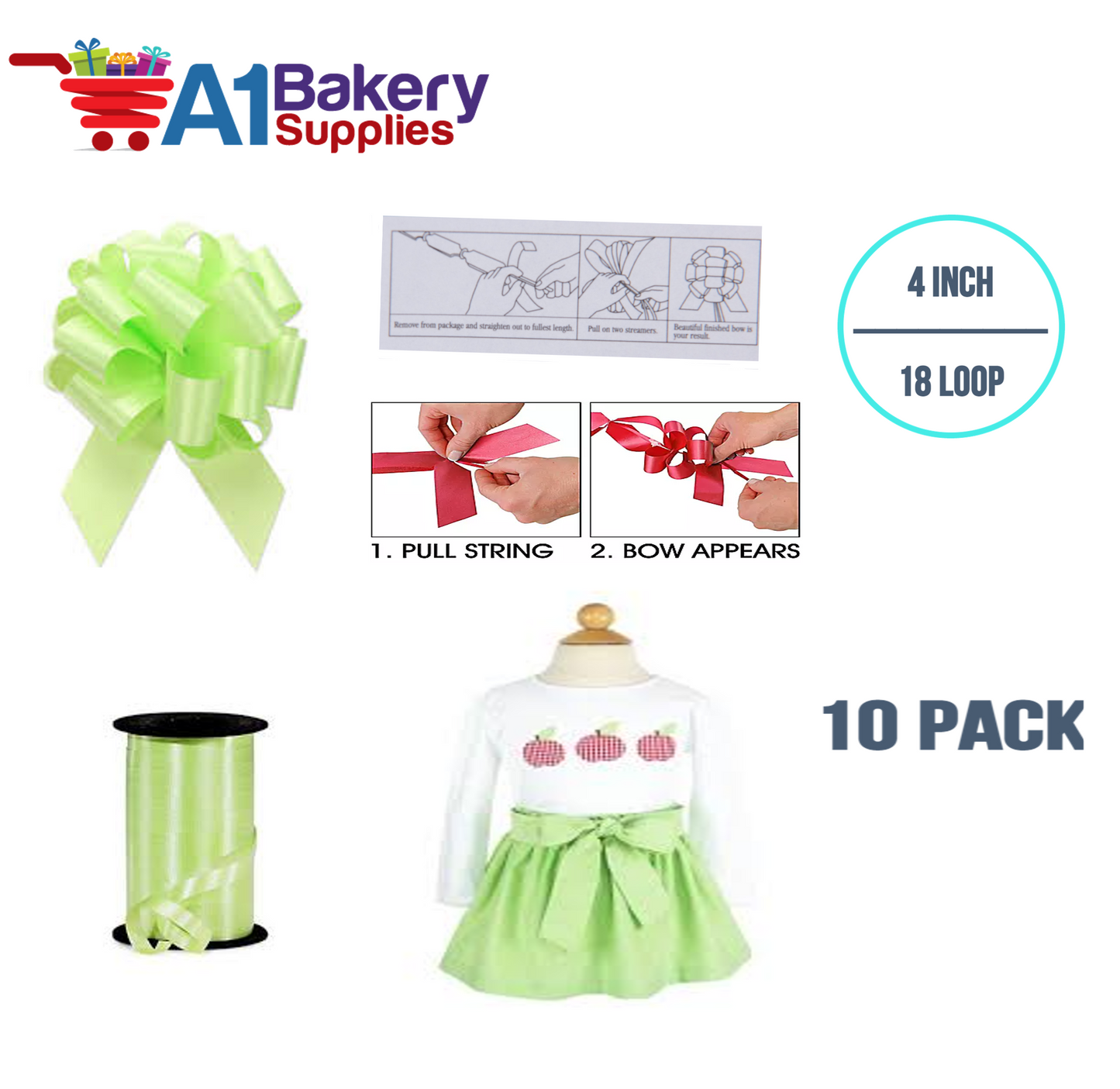 A1BakerySupplies 10 Pieces Pull Bow for Gift Wrapping Gift Bows Pull Bow With Ribbon for Wedding Gift Baskets, 4 Inch 18 Loop Celery Flora Satin Color