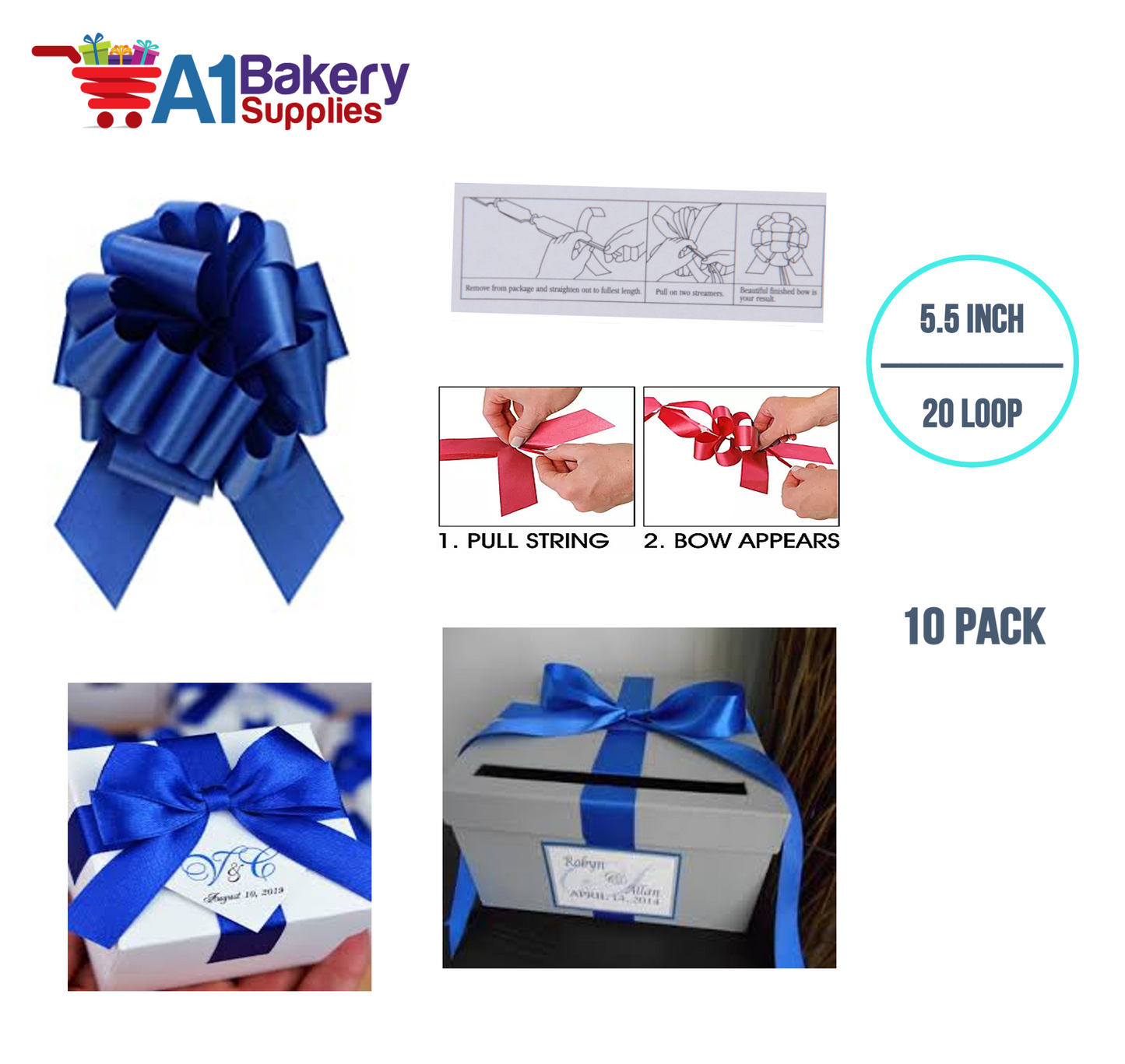 A1BakerySupplies 10 Pieces Pull Bow for Gift Wrapping Gift Bows Pull Bow With Ribbon for Wedding Gift Baskets, 5.5 Inch 20 Loop in Royal Blue Color