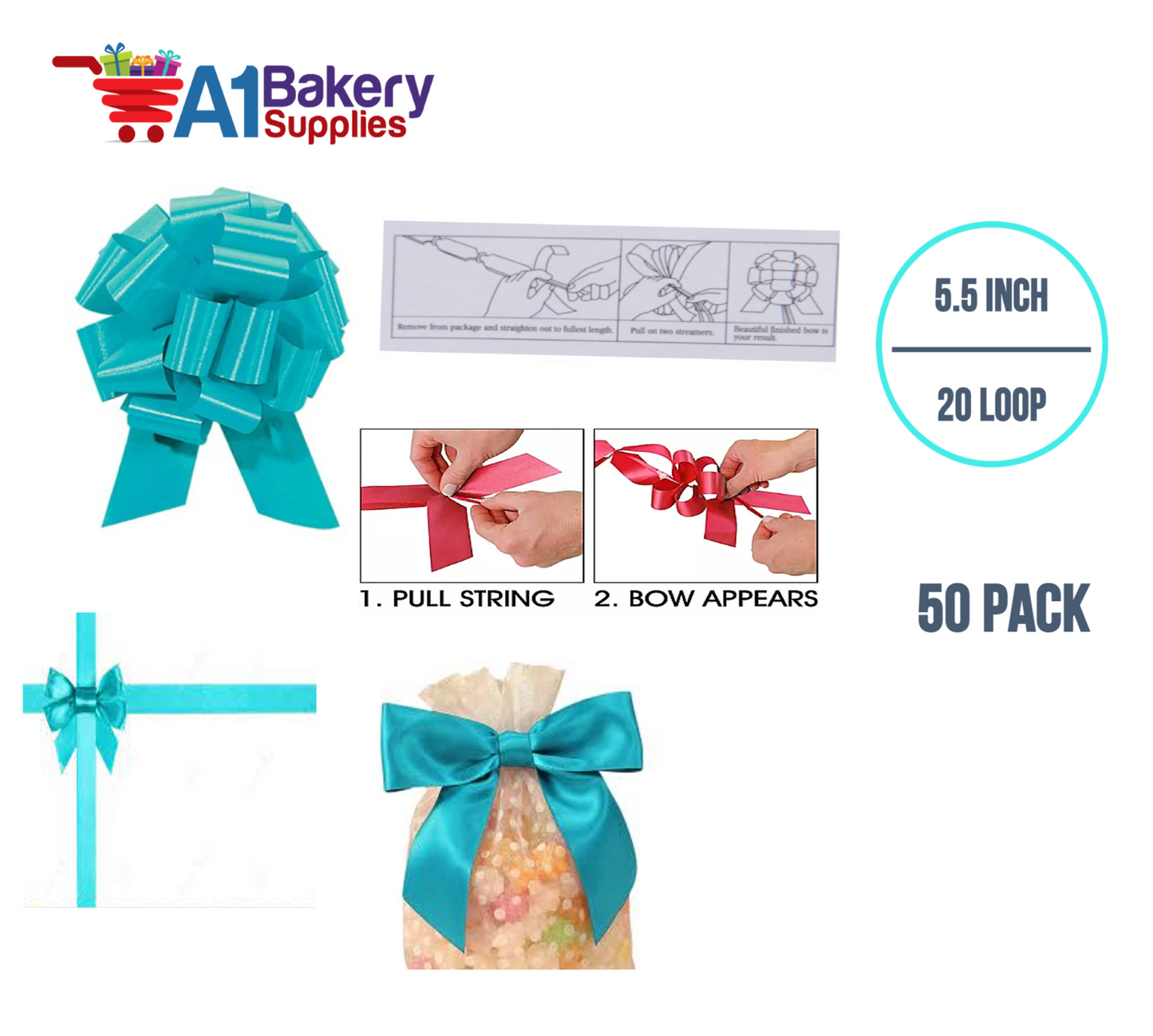 A1BakerySupplies 50 Pieces Pull Bow for Gift Wrapping Gift Bows Pull Bow With Ribbon for Wedding Gift Baskets, 5.5 Inch 20 Loop in Turquoise Color
