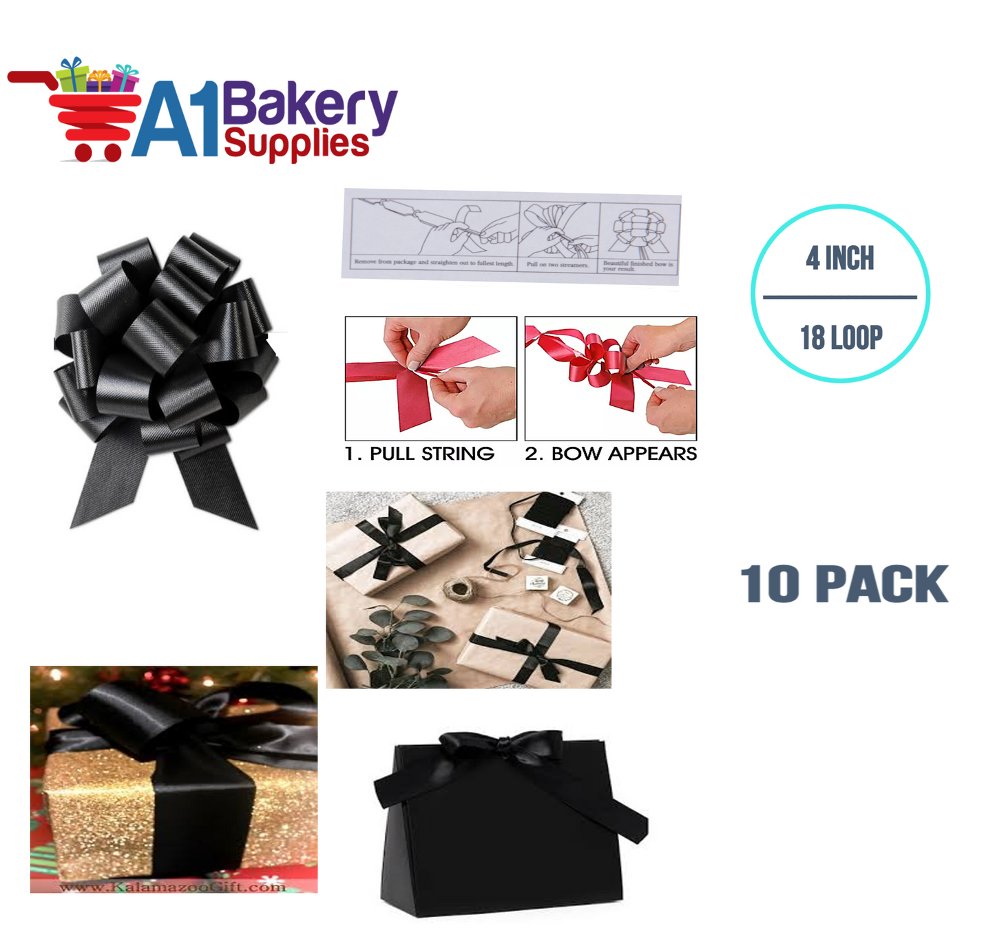 A1BakerySupplies 10 Pieces Pull Bow for Gift Wrapping Gift Bows Pull Bow With Ribbon for Wedding Gift Baskets, 4 Inch 18 Loop Black Flora Satin Color