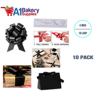 A1BakerySupplies 10 Pieces Pull Bow for Gift Wrapping Gift Bows Pull Bow With Ribbon for Wedding Gift Baskets, 4 Inch 18 Loop Black Flora Satin Color
