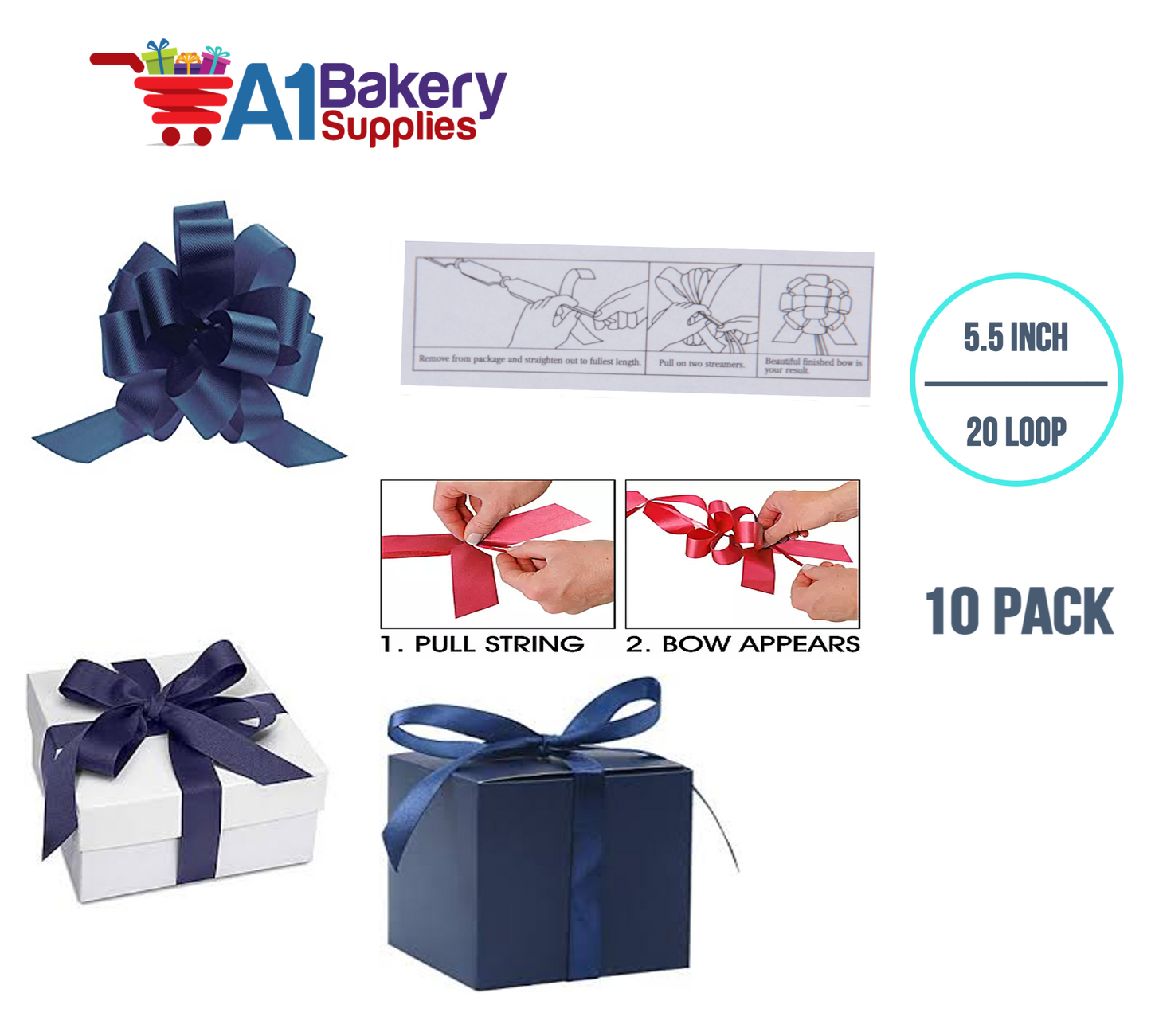 A1BakerySupplies 10 Pieces Pull Bow for Gift Wrapping Gift Bows Pull Bow With Ribbon for Wedding Gift Baskets, 5.5 Inch 20 Loop in Navy Blue Color