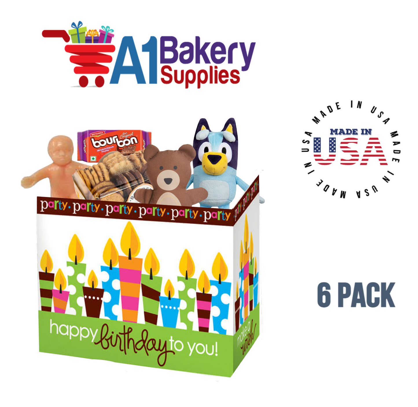 Birthday Party Basket Box, Theme Gift Box, Large 10.25 (Length) x 6 (Width) x 7.5 (Height), 6 Pack