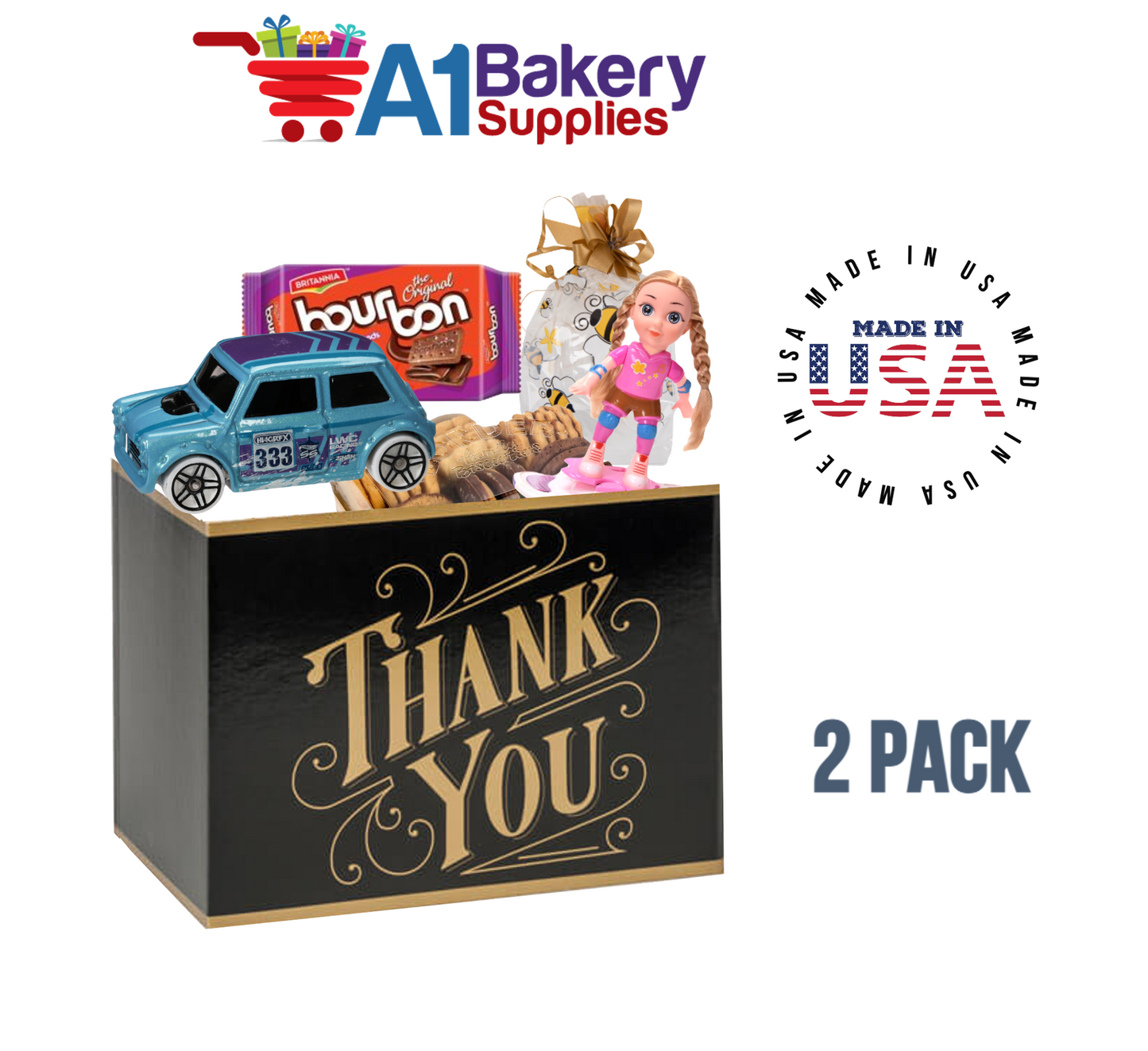 Black & Gold Thanks Basket Box, Theme Gift Box, Small 6.75 (Length) x 4 (Width) x 5 (Height), 2 Pack