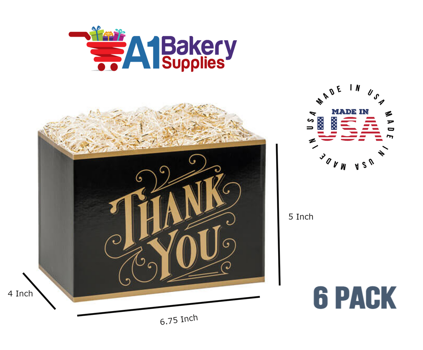 Black & Gold Thanks Basket Box, Theme Gift Box, Small 6.75 (Length) x 4 (Width) x 5 (Height), 6 Pack