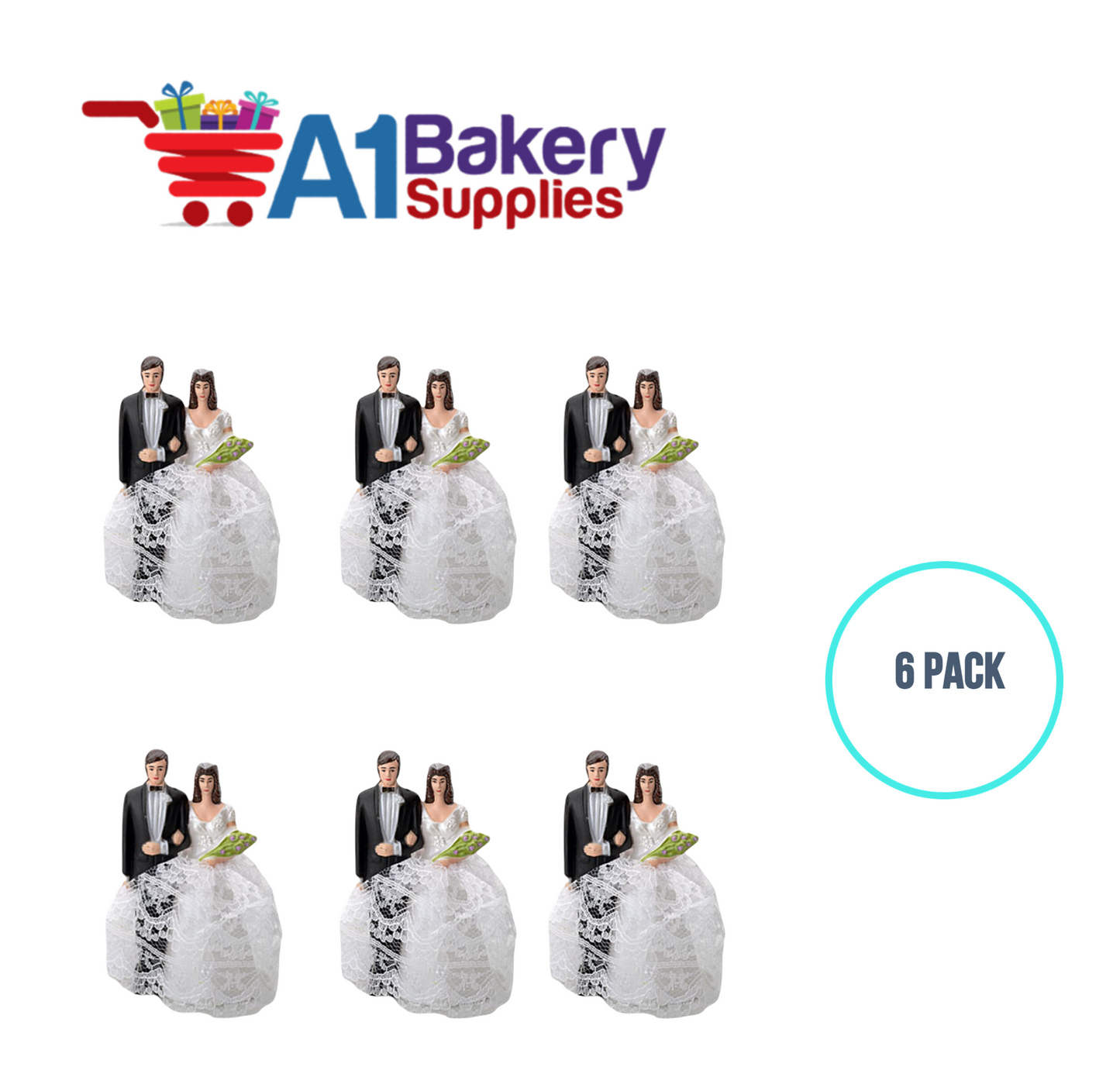 A1BakerySupplies Bride & Groom W/Lace Dress 6 pack Wedding Accessories for Birthday Cake Decorations and Marriages