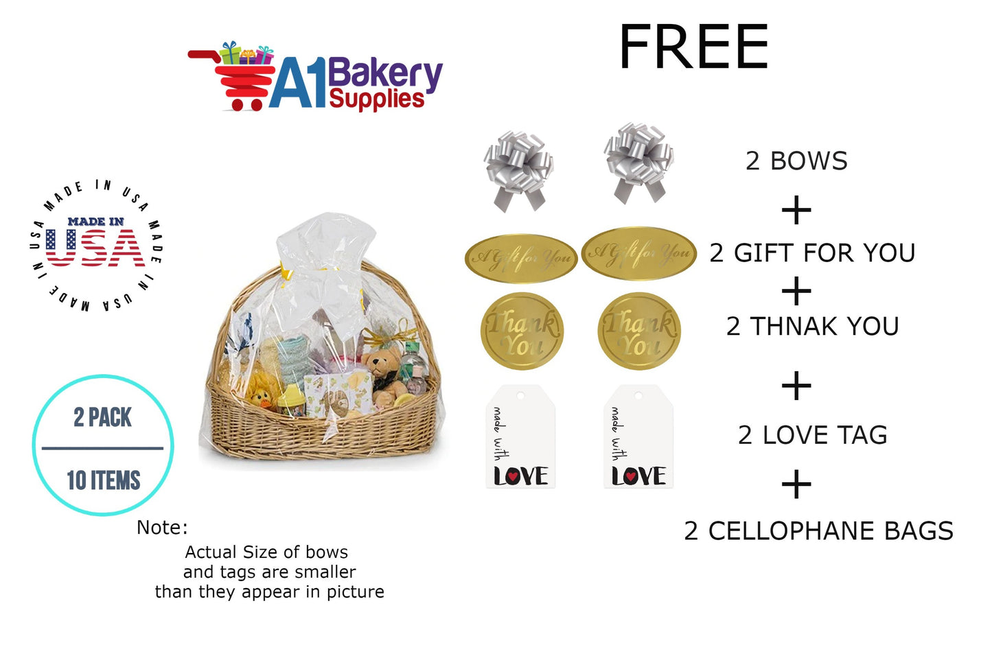 BOPP Sealable Cellophane Bags and Clear Gift Basket Wrap Packaging, 24 in x 30 in, Clear Cello Wrapping for Baby Shower, Wedding Party, or Event Giveaways, 2 Pack