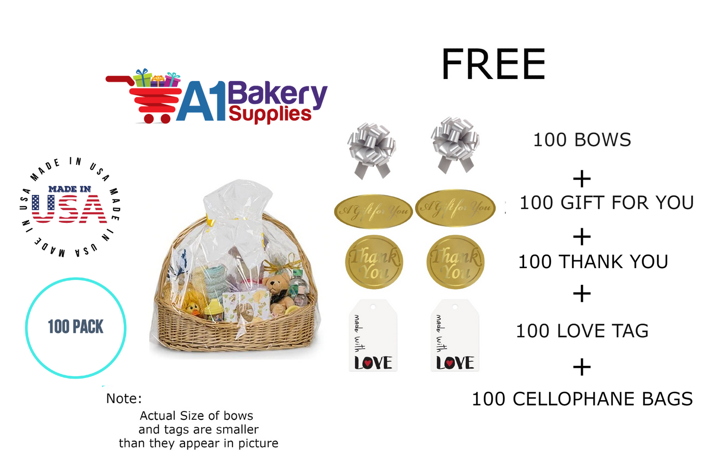 BOPP Sealable Cellophane Bags and Clear Gift Basket Wrap Packaging, 24 in x 30 in, Clear Cello Wrapping for Baby Shower, Wedding Party, or Event Giveaways, 100 Pack