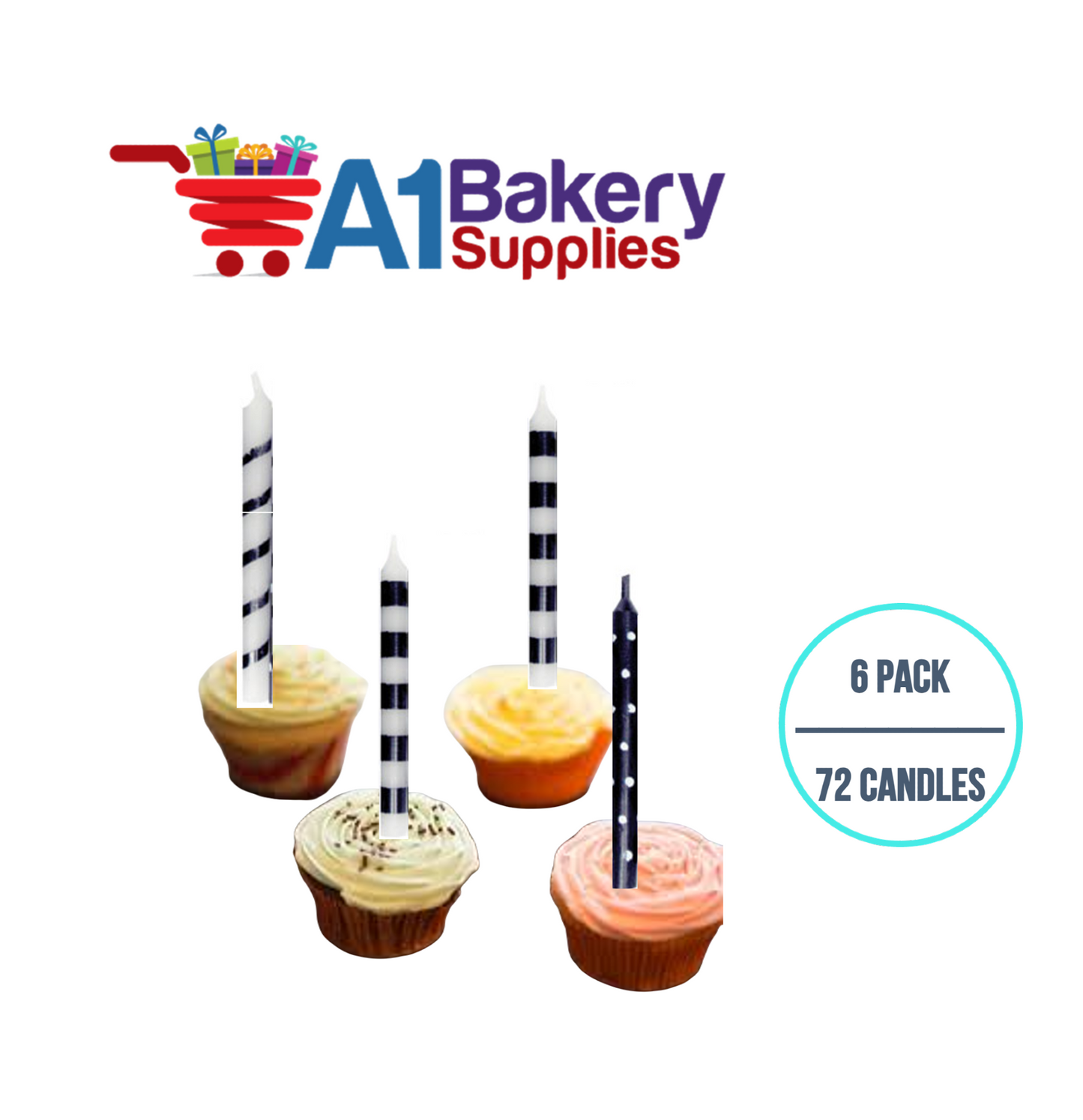 A1BakerySupplies Dots & Stripes Birthday Candles 6 pack for Birthday Cake Decorations and Anniversary