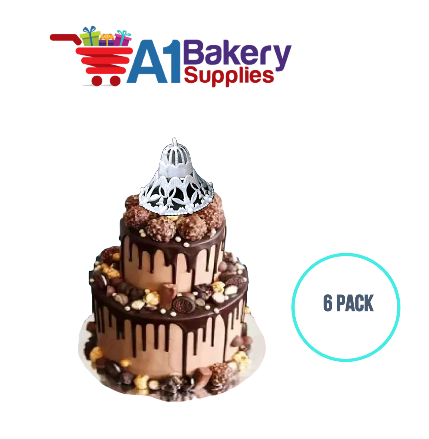 A1BakerySupplies Filigree Lace Bell-Large White 6 pack Wedding Accessories for Birthday Cake Decorations and Marriages