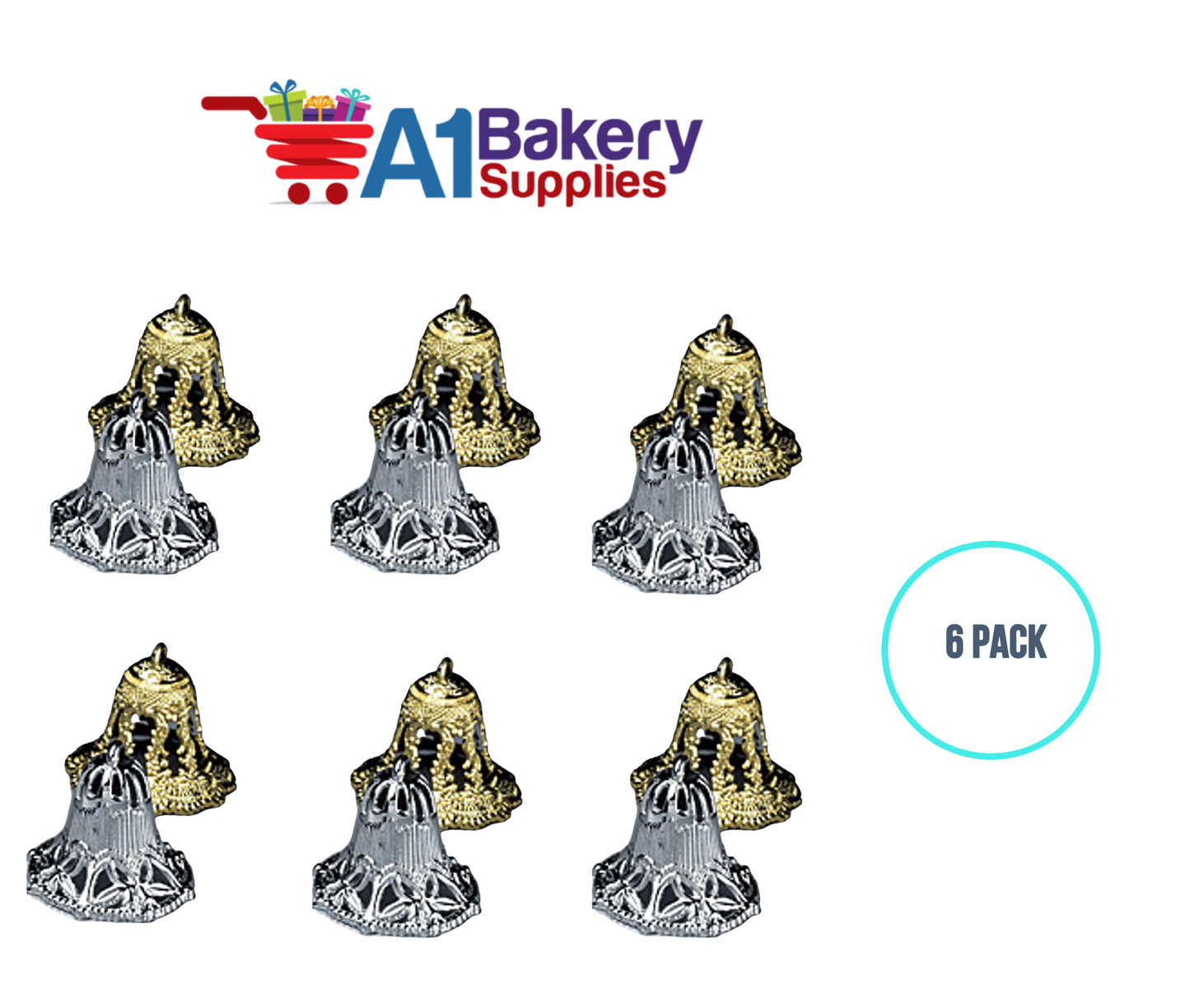 A1BakerySupplies Filigree Lace Bells - Gold 6 pack Wedding Accessories for Birthday Cake Decorations and Marriages