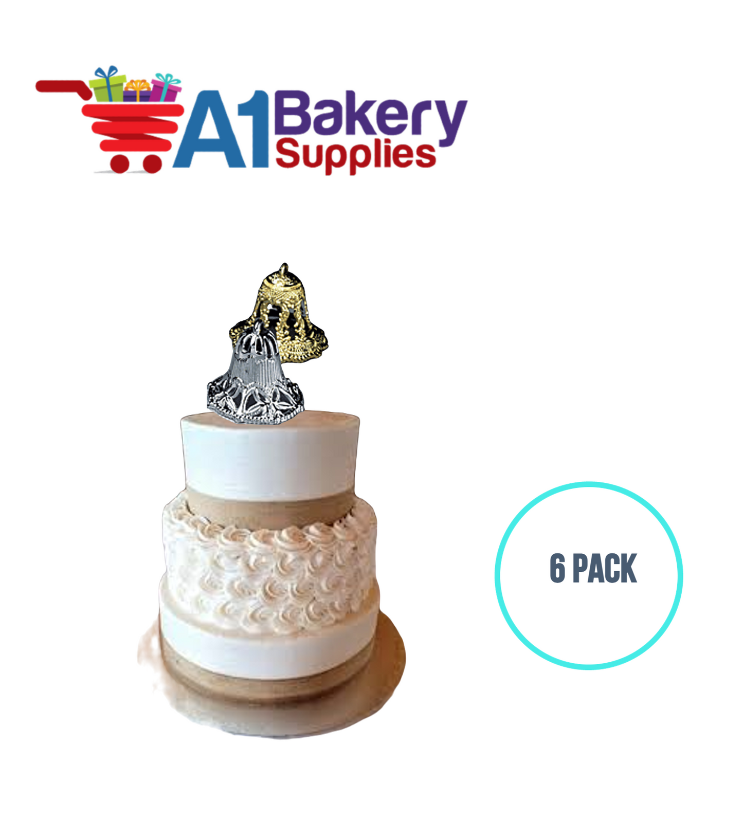 A1BakerySupplies Filigree Lace Bells - Silver 6 pack Wedding Accessories for Birthday Cake Decorations and Marriages