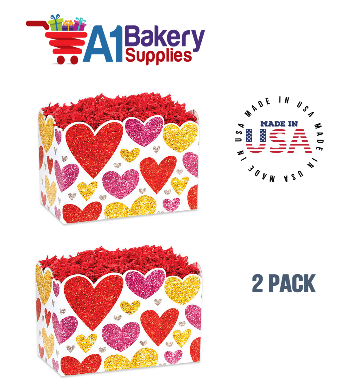 Glittering Hearts Basket Box, Theme Gift Box, Large 10.25 (Length) x 6 (Width) x 7.5 (Height), 2 Pack