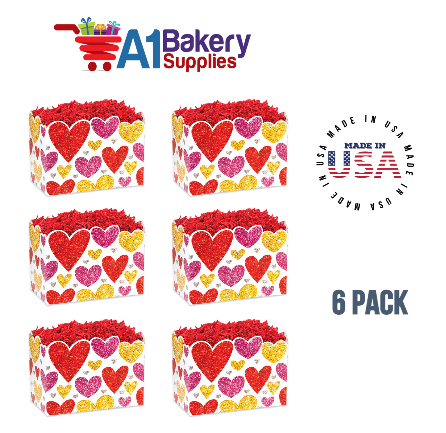 Glittering Hearts Basket Box, Theme Gift Box, Small 6.75 (Length) x 4 (Width) x 5 (Height), 6 Pack