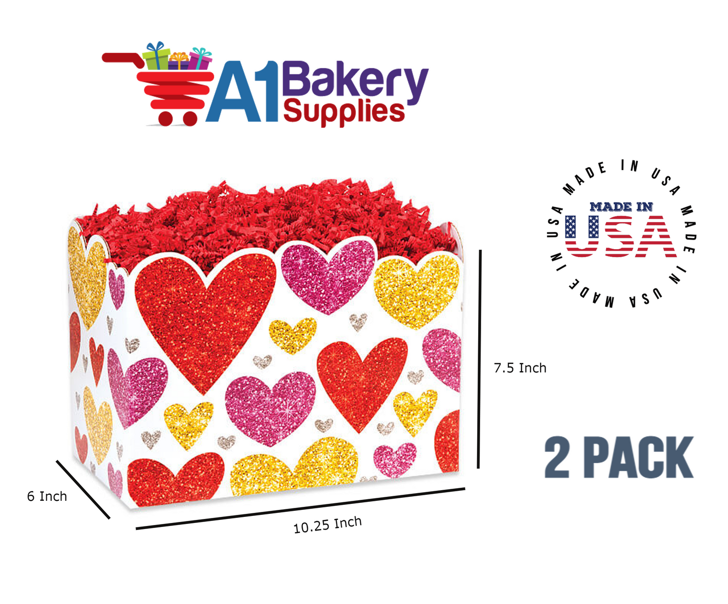 Glittering Hearts Basket Box, Theme Gift Box, Large 10.25 (Length) x 6 (Width) x 7.5 (Height), 2 Pack