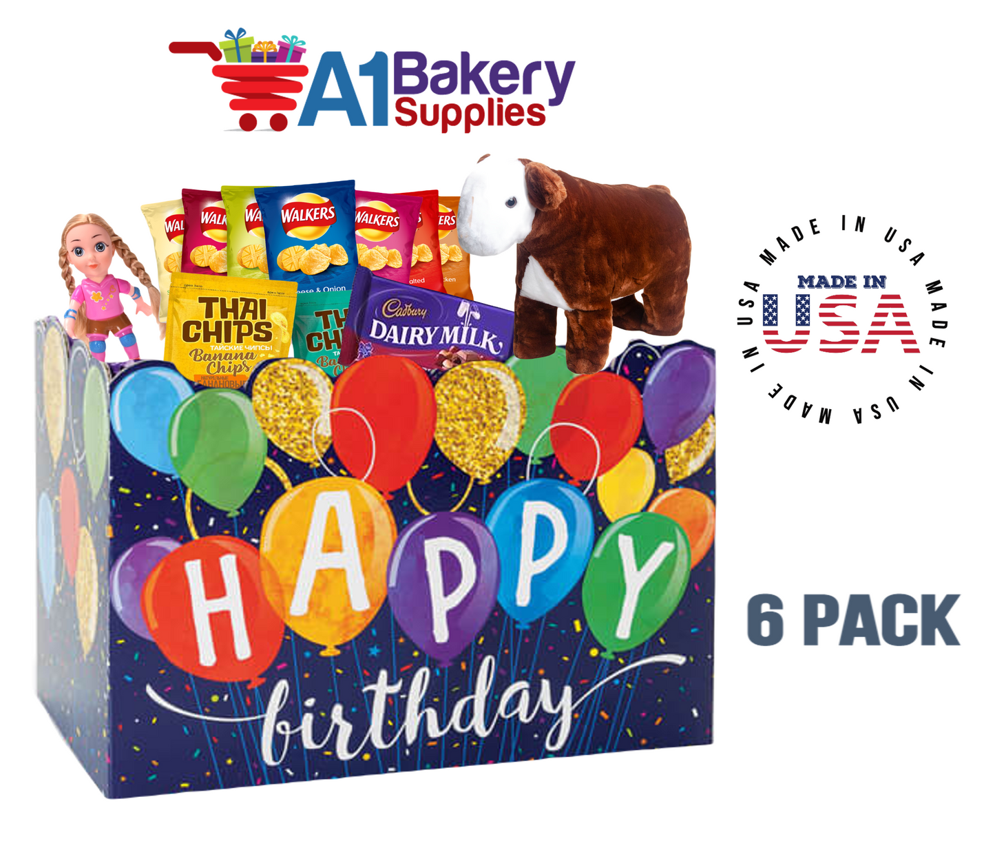 Happy Birthday Balloons Basket Box, Theme Gift Box, Small 6.75 (Length) x 4 (Width) x 5 (Height), 6 Pack