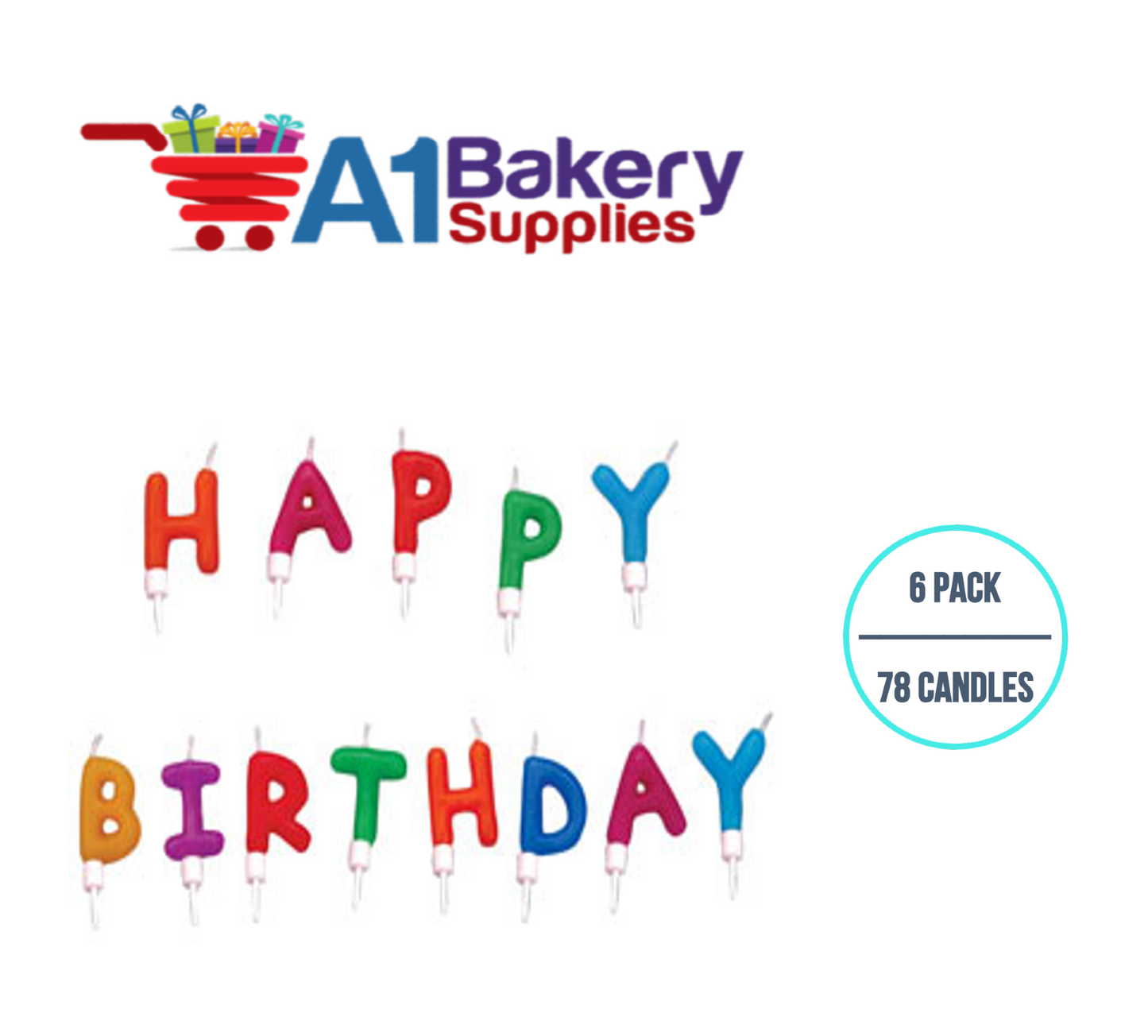 A1BakerySupplies Happy Birthday Message Candles 6 pack for Birthday Cake Decorations and Anniversary