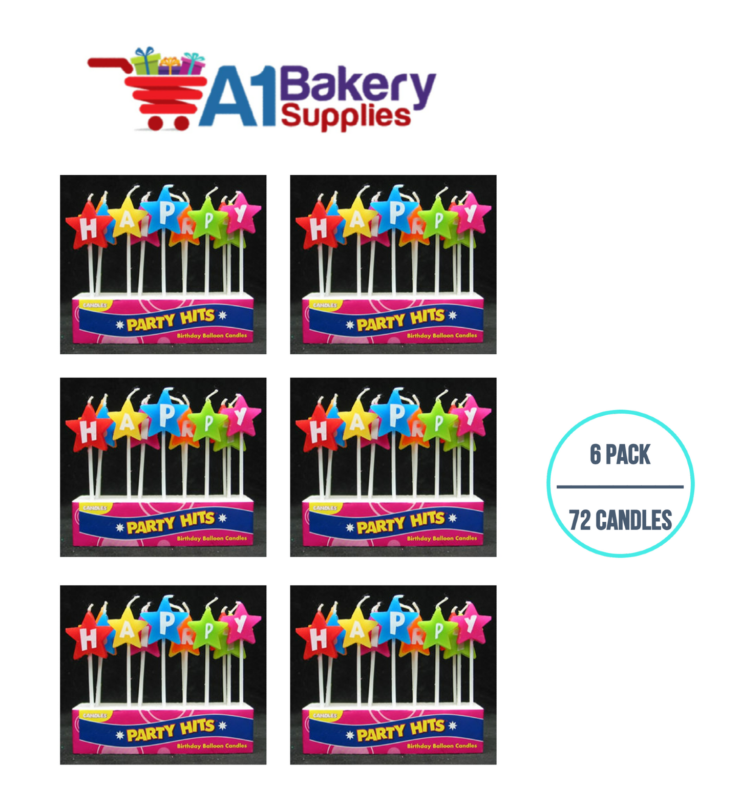 A1BakerySupplies Happy Birthday Star Letter Candles 6 pack for Birthday Cake Decorations and Anniversary