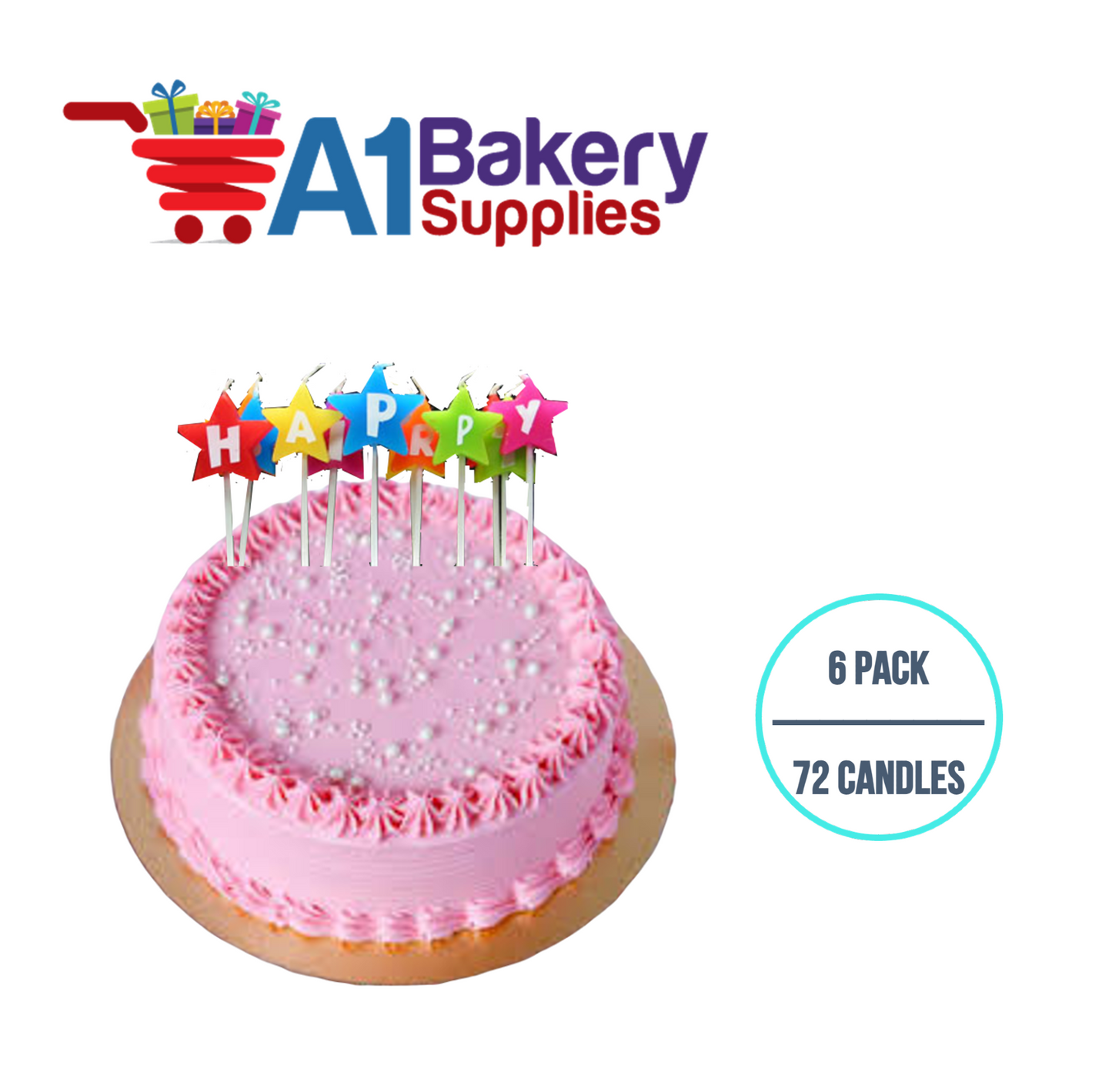A1BakerySupplies Happy Birthday Star Letter Candles 6 pack for Birthday Cake Decorations and Anniversary