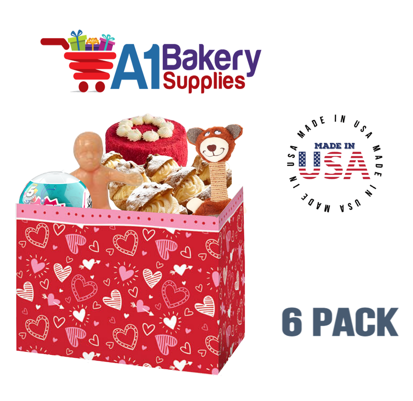 Happy Hearts Basket Box, Theme Gift Box, Large 10.25 (Length) x 6 (Width) x 7.5 (Height), 6 Pack