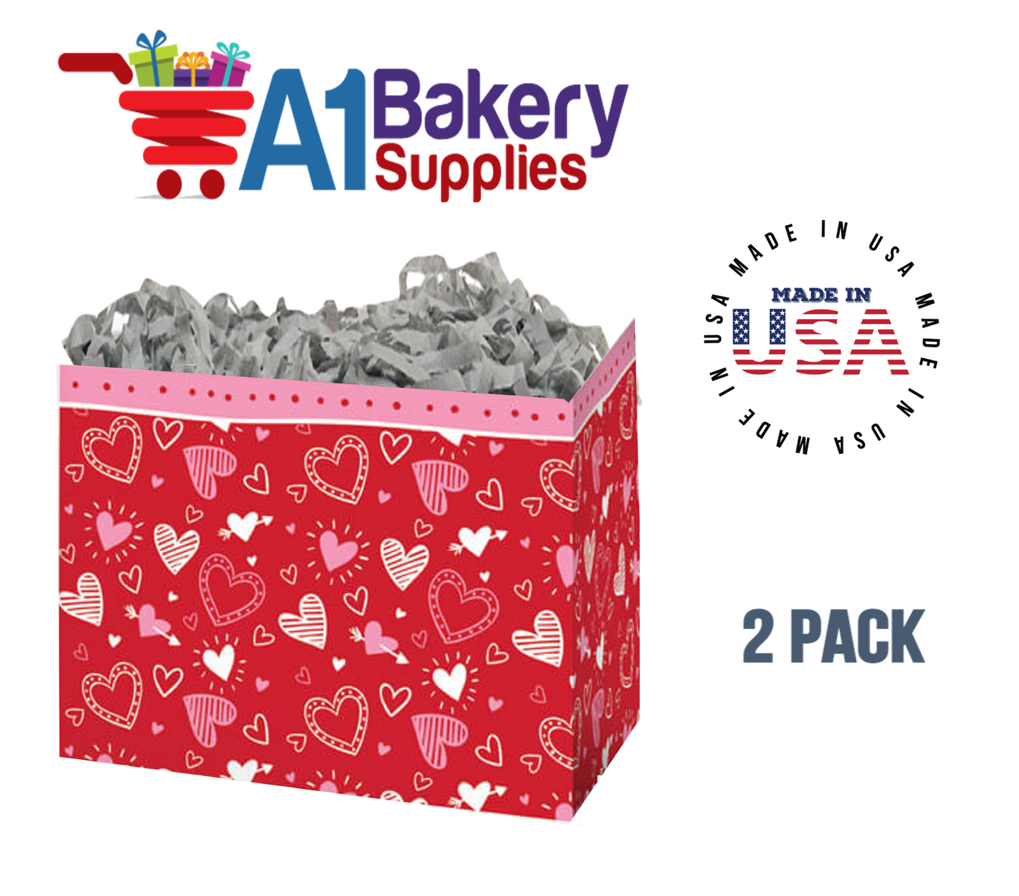 Happy Hearts Basket Box, Theme Gift Box, Large 10.25 (Length) x 6 (Width) x 7.5 (Height), 2 Pack