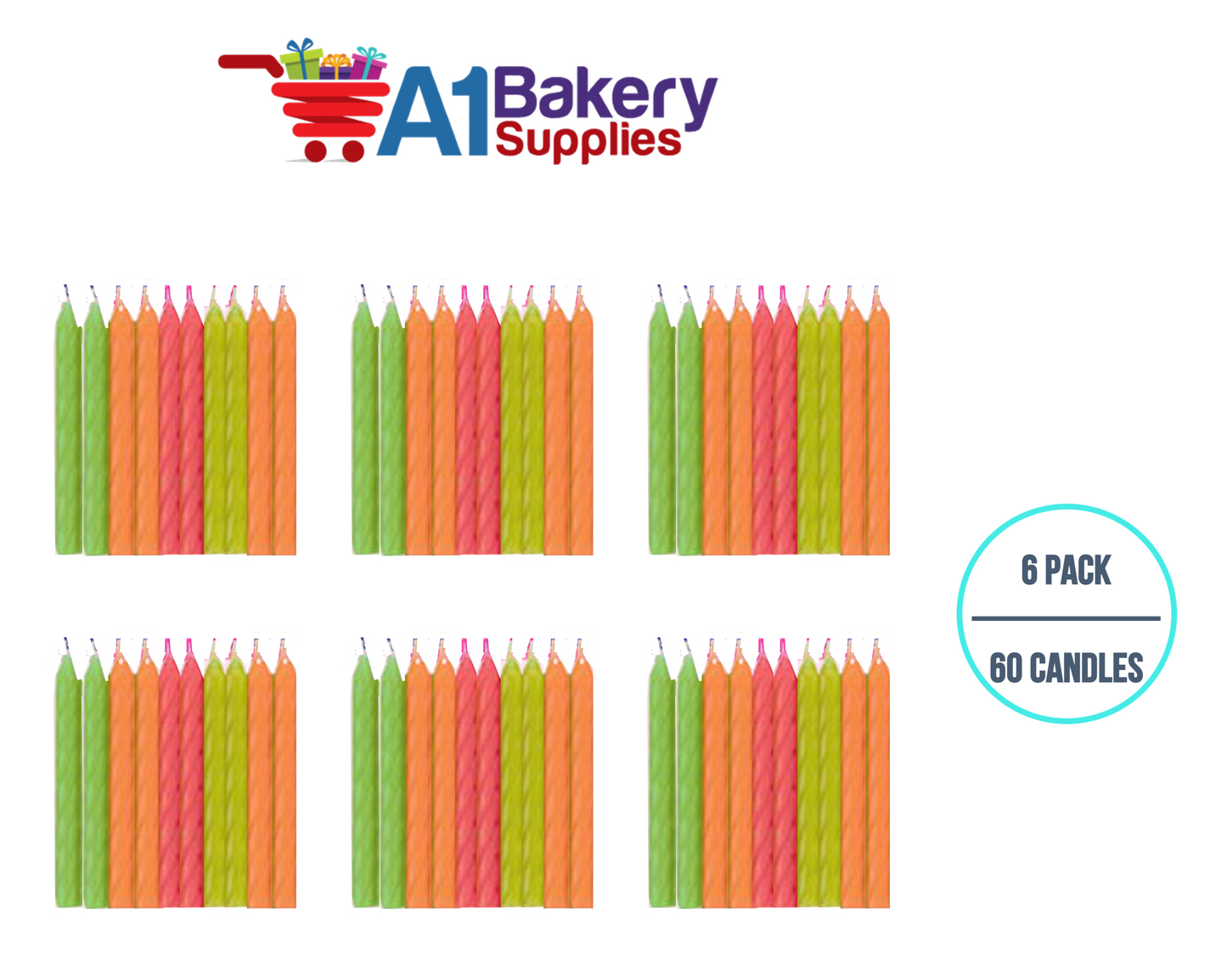 A1BakerySupplies Magic Relight Candles- Neon Asst 6 pack for Birthday Cake Decorations and Anniversary