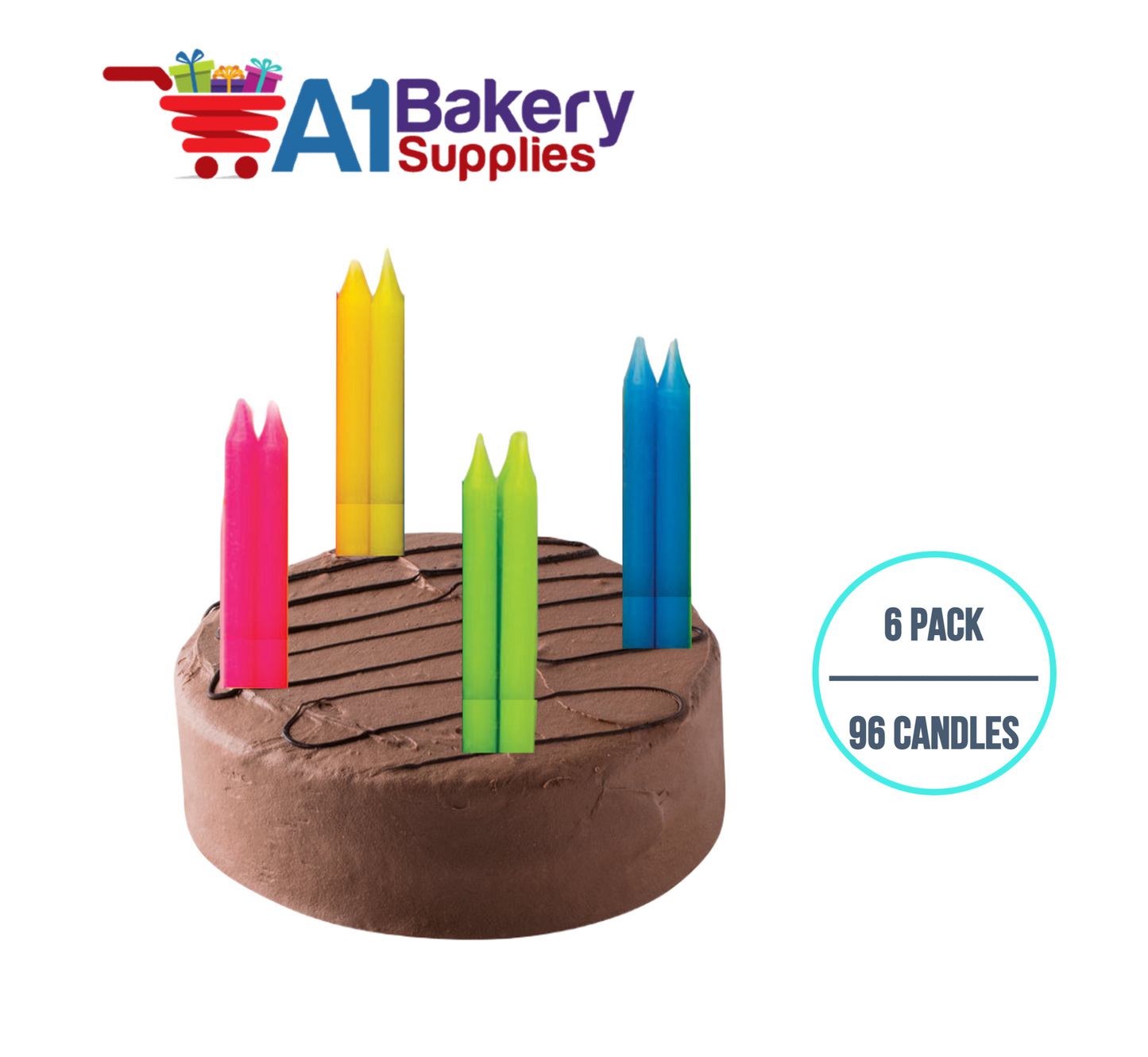 A1BakerySupplies Multi Straight Candles 6 pack for Birthday Cake Decorations and Anniversary