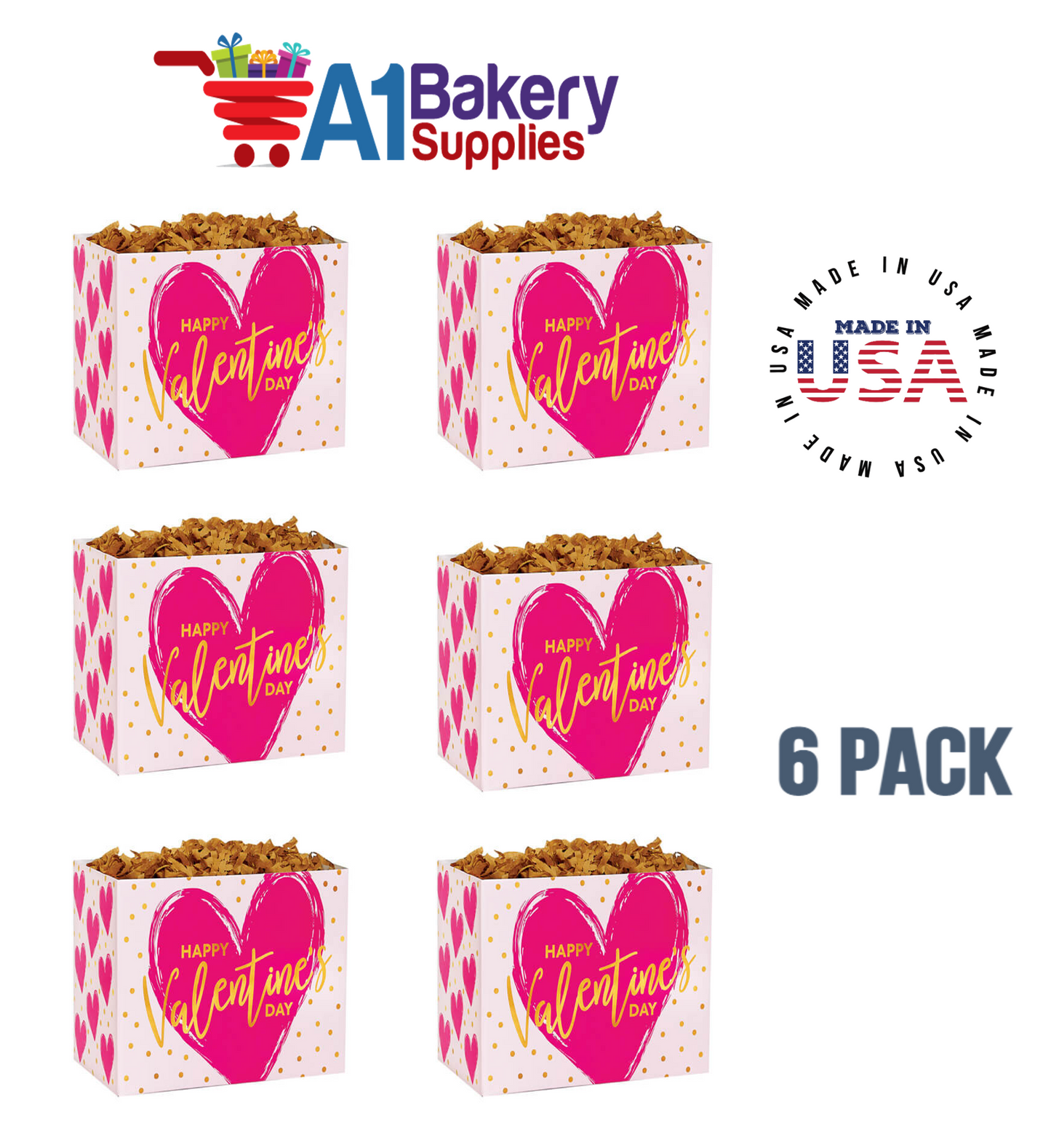 Painted Heart Basket Box, Theme Gift Box, Small 6.75 (Length) x 4 (Width) x 5 (Height), 6 Pack