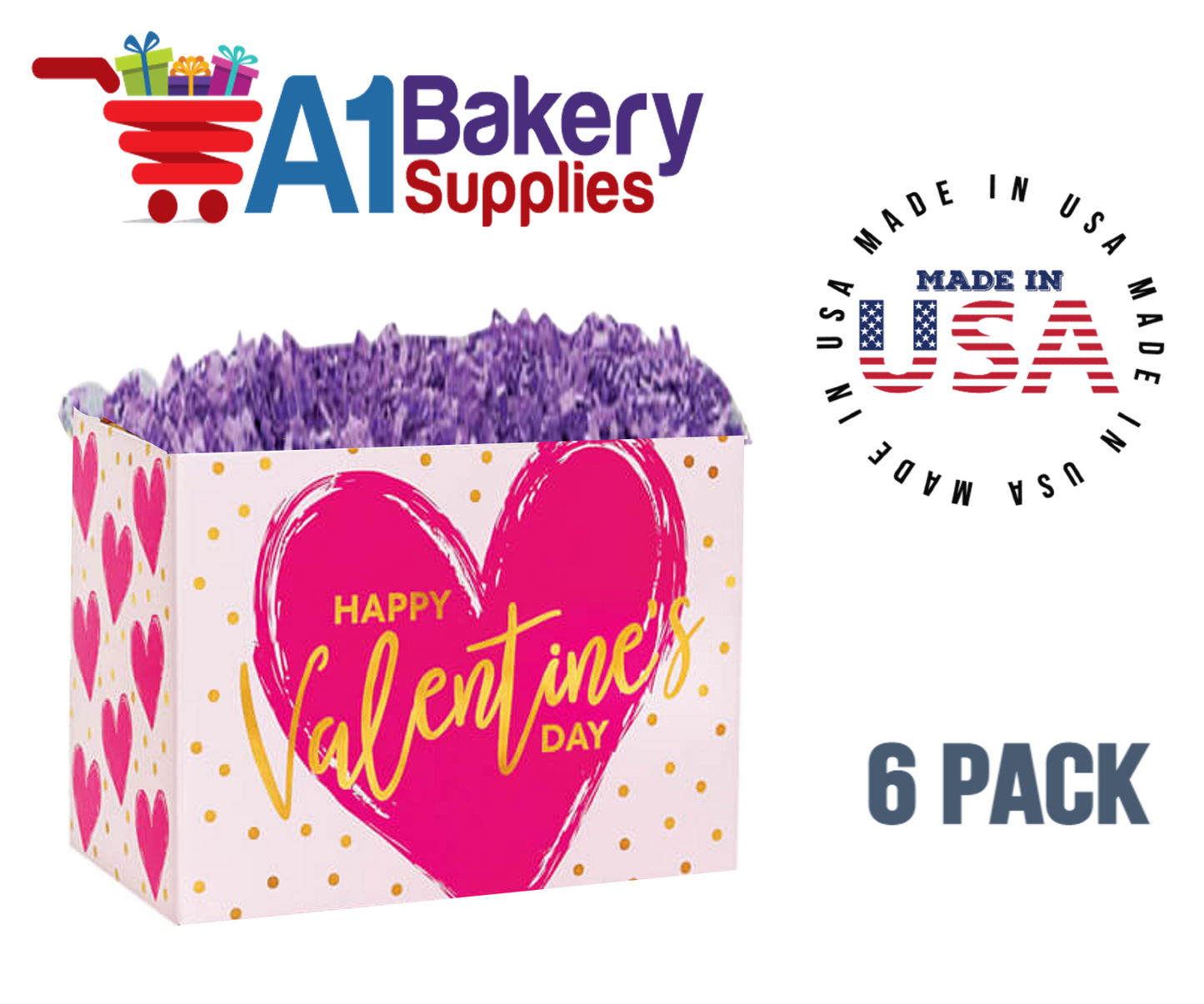 Painted Heart Basket Box, Theme Gift Box, Large 10.25 (Length) x 6 (Width) x 7.5 (Height), 6 Pack