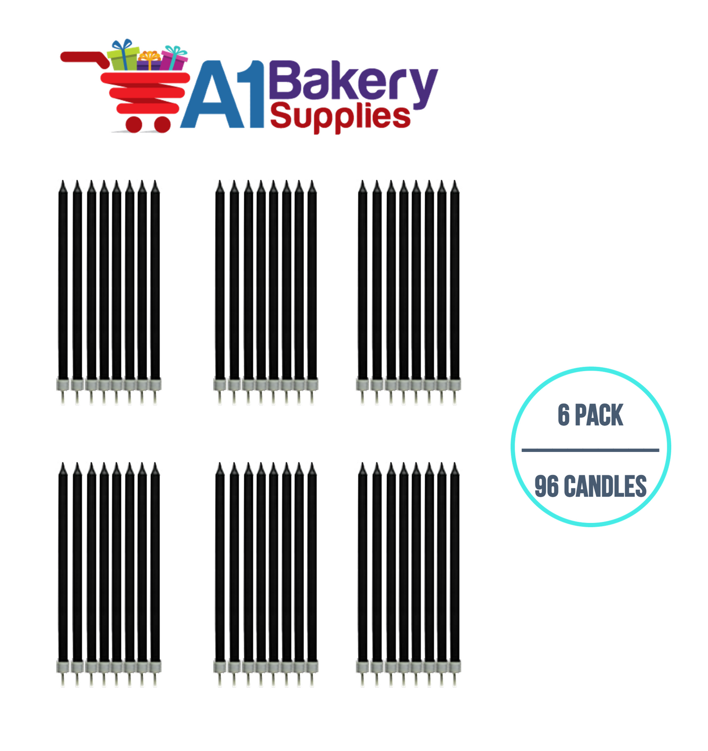 A1BakerySupplies Party Shape Candles- Black W/Holders 6 pack for Birthday Cake Decorations and Anniversary