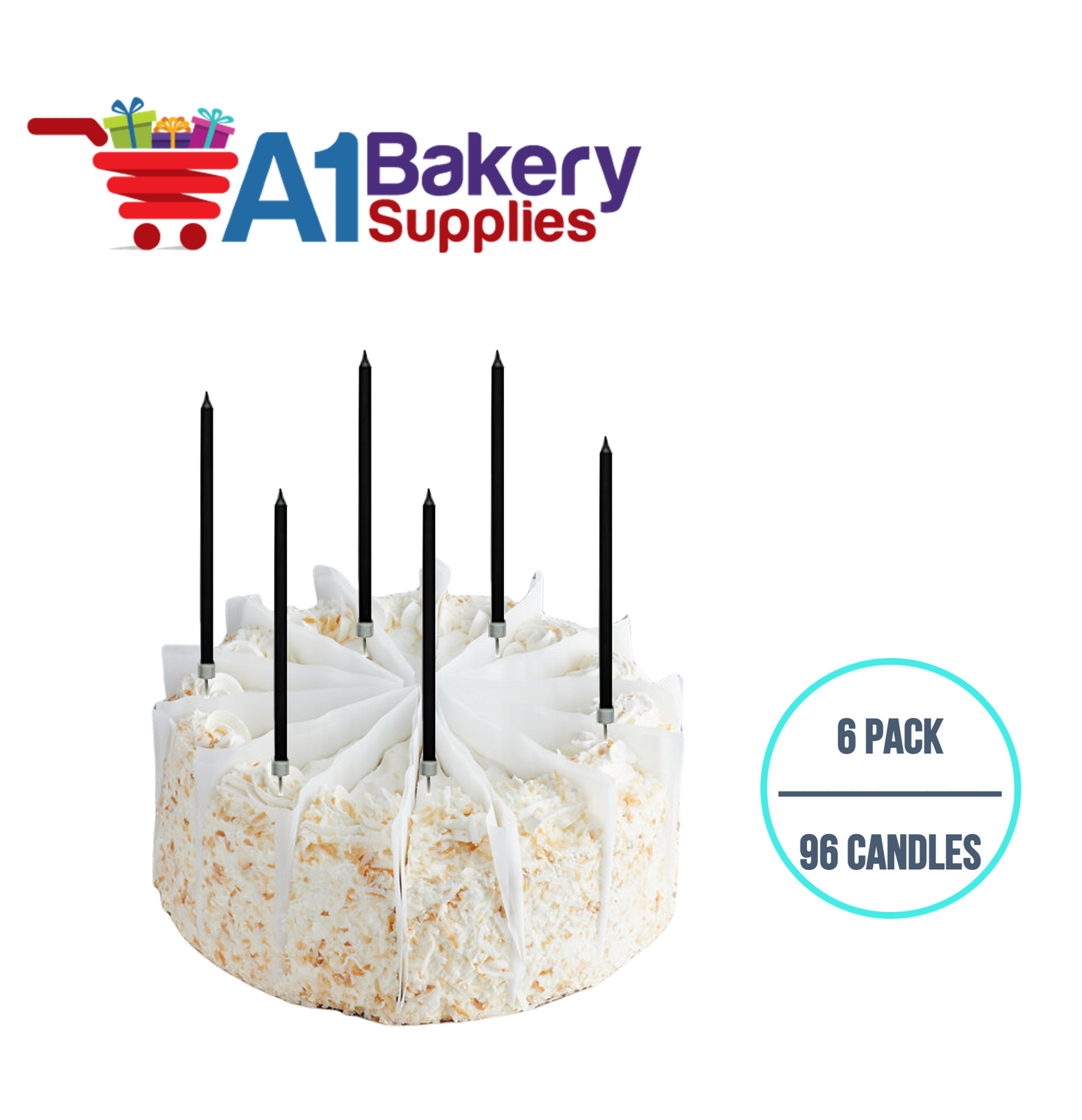 A1BakerySupplies Party Shape Candles- Black W/Holders 6 pack for Birthday Cake Decorations and Anniversary