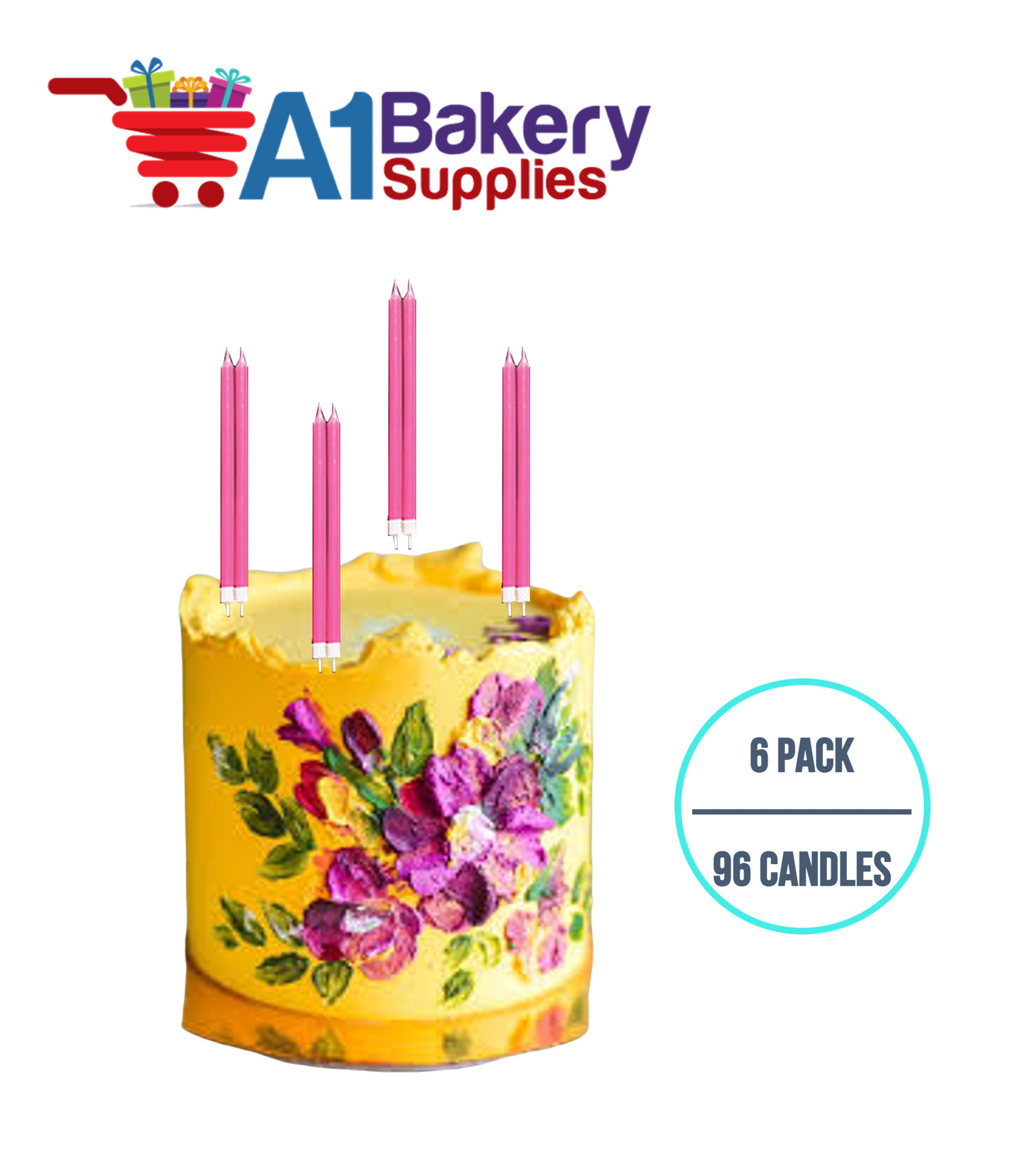 A1BakerySupplies Party Shape Candles- Pink W/Holders 6 pack for Birthday Cake Decorations and Anniversary