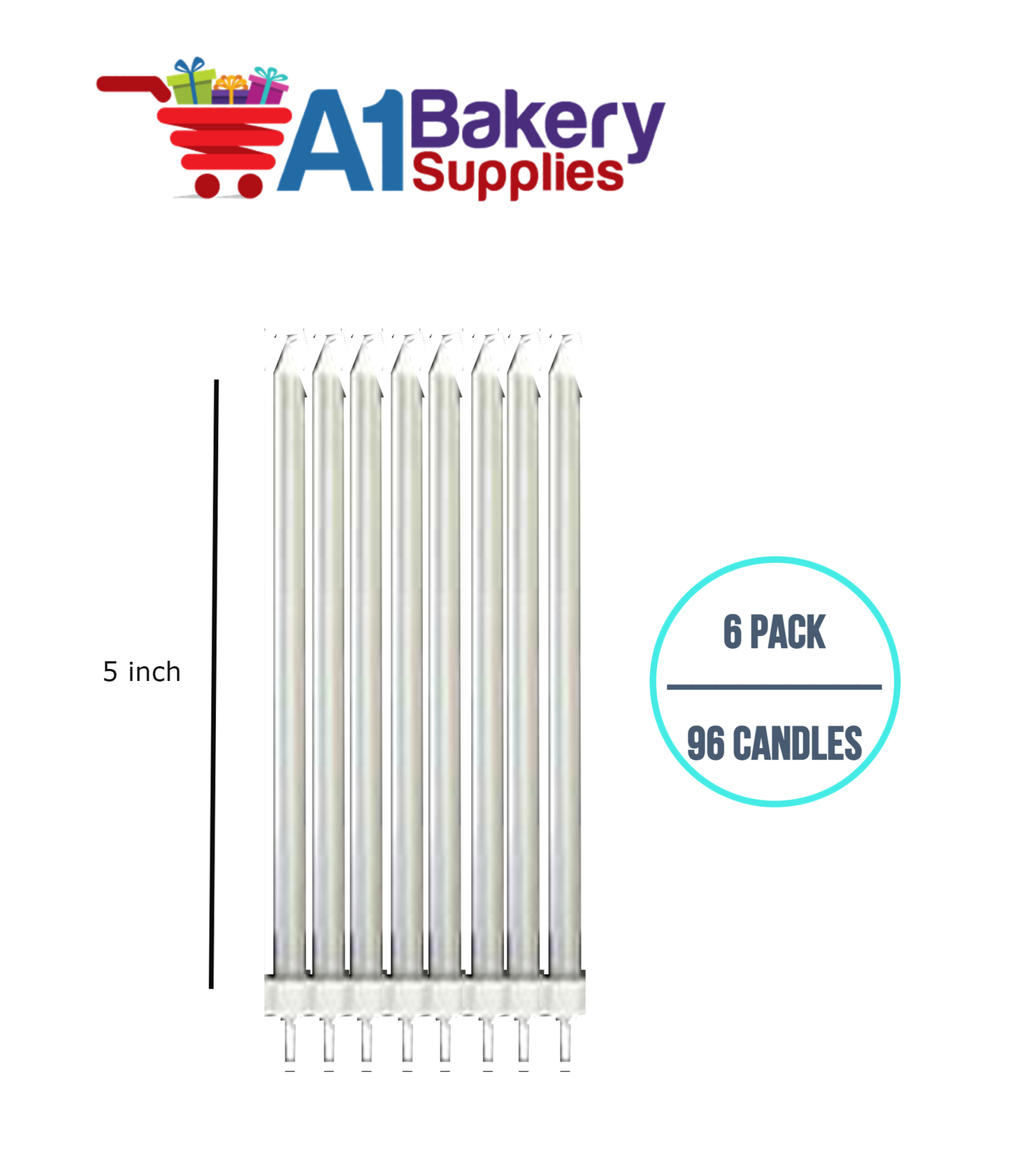 A1BakerySupplies Party Shape Candles- Silver W/Holders 6 pack for Birthday Cake Decorations and Anniversary