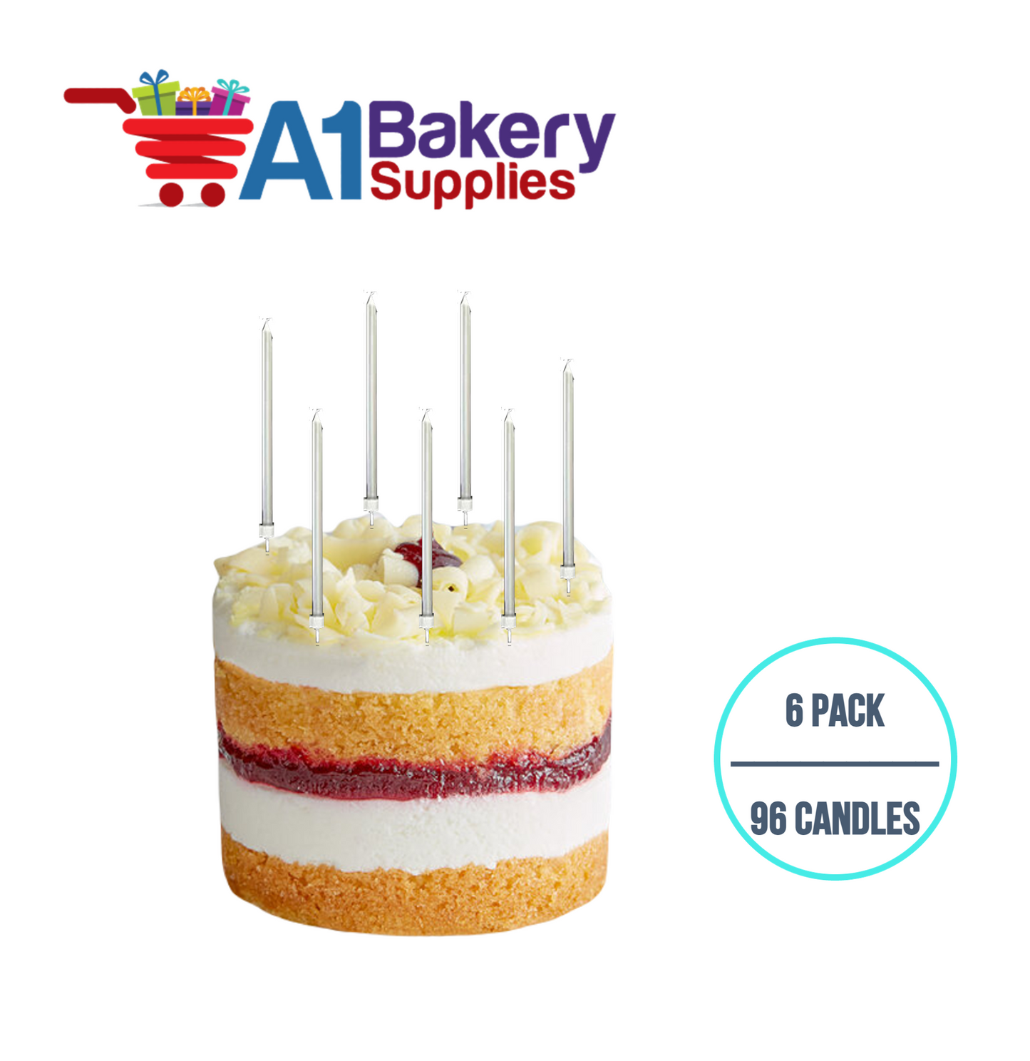 A1BakerySupplies Party Shape Candles- Silver W/Holders 6 pack for Birthday Cake Decorations and Anniversary