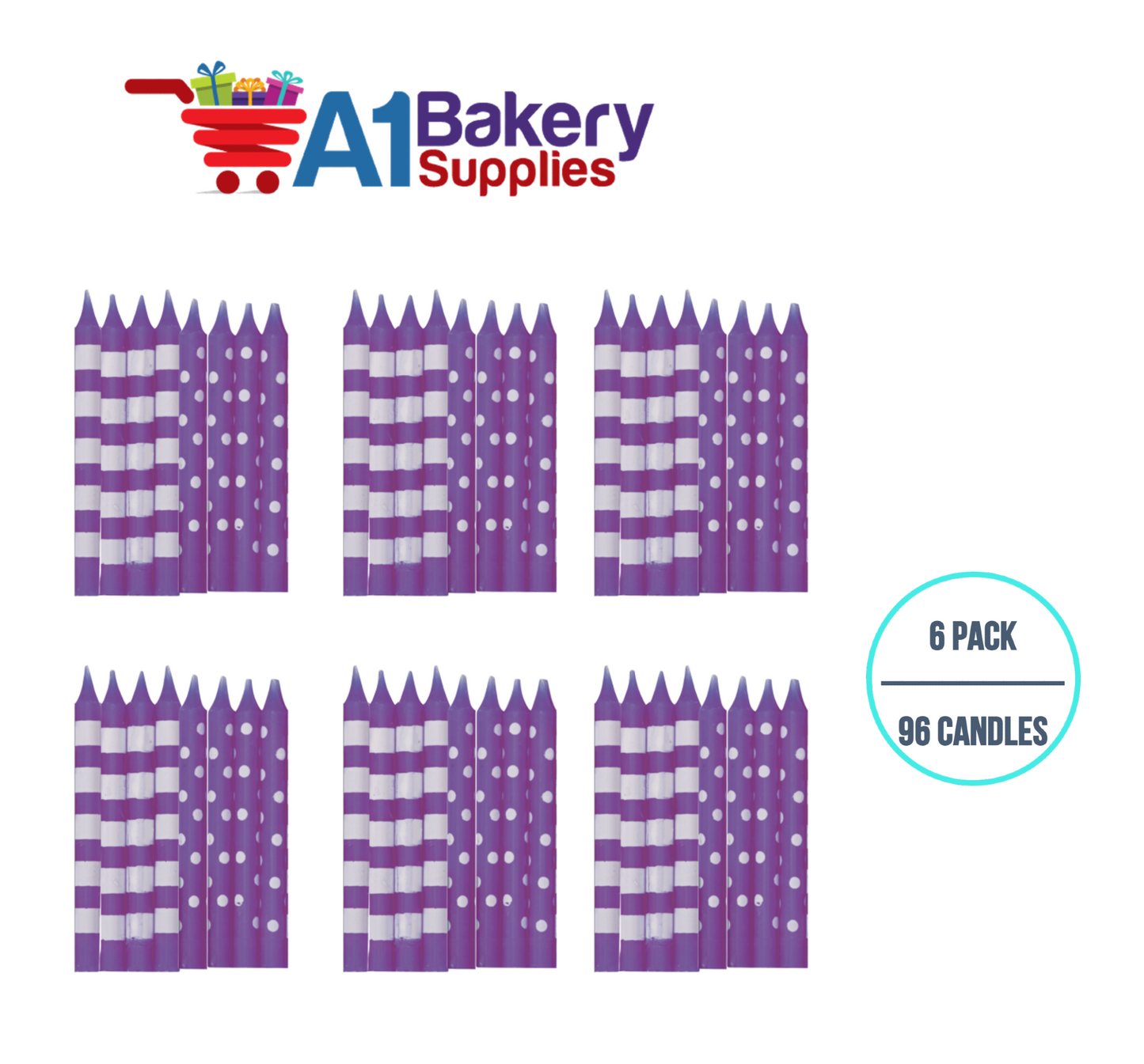 A1BakerySupplies Purple Stripes And Dots Candles 6 pack for Birthday Cake Decorations and Anniversary