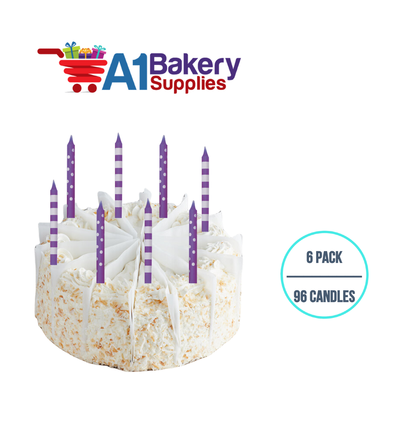 A1BakerySupplies Purple Stripes And Dots Candles 6 pack for Birthday Cake Decorations and Anniversary