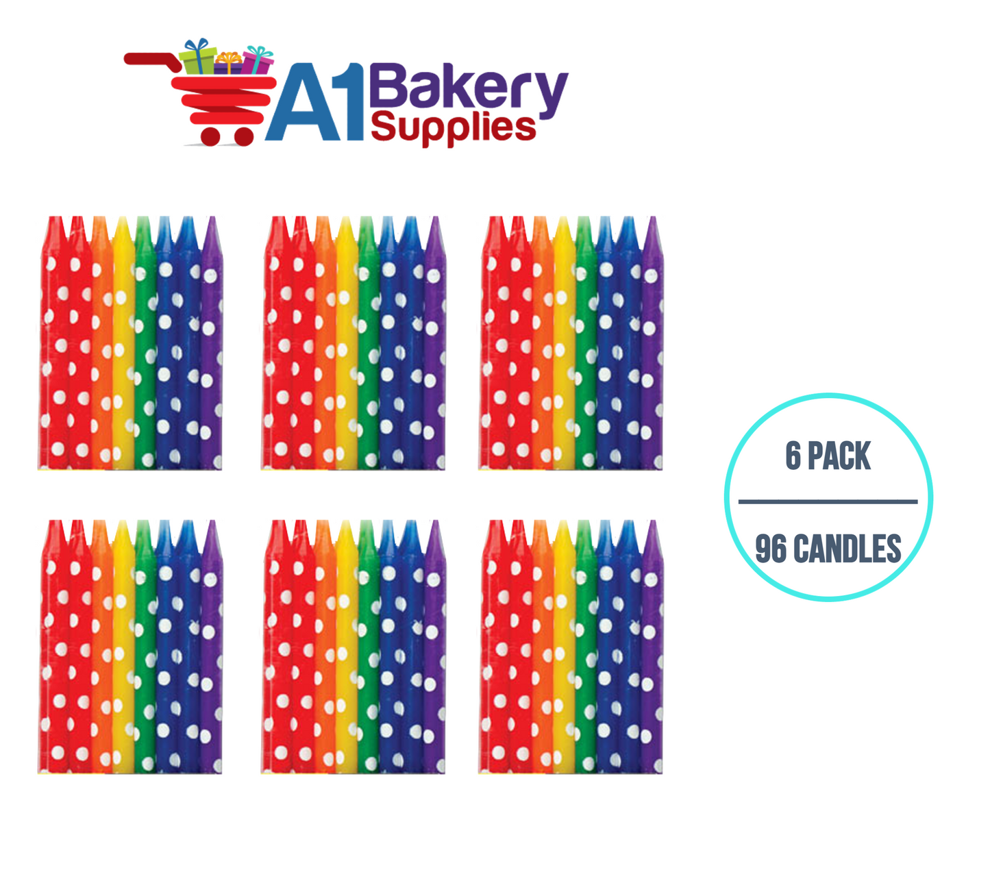 A1BakerySupplies Rainbow Dots Asst. Candles 6 pack for Birthday Cake Decorations and Anniversary