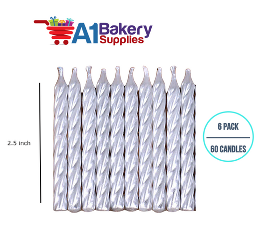 A1BakerySupplies Silver Birthday Candles 6 pack for Birthday Cake Decorations and Anniversary