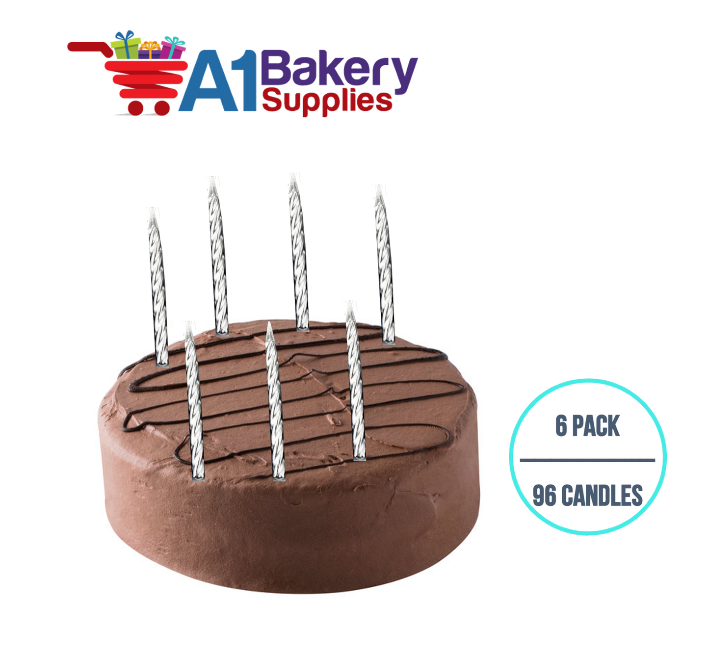 A1BakerySupplies Silver Spiral Candles 6 pack for Birthday Cake Decorations and Anniversary