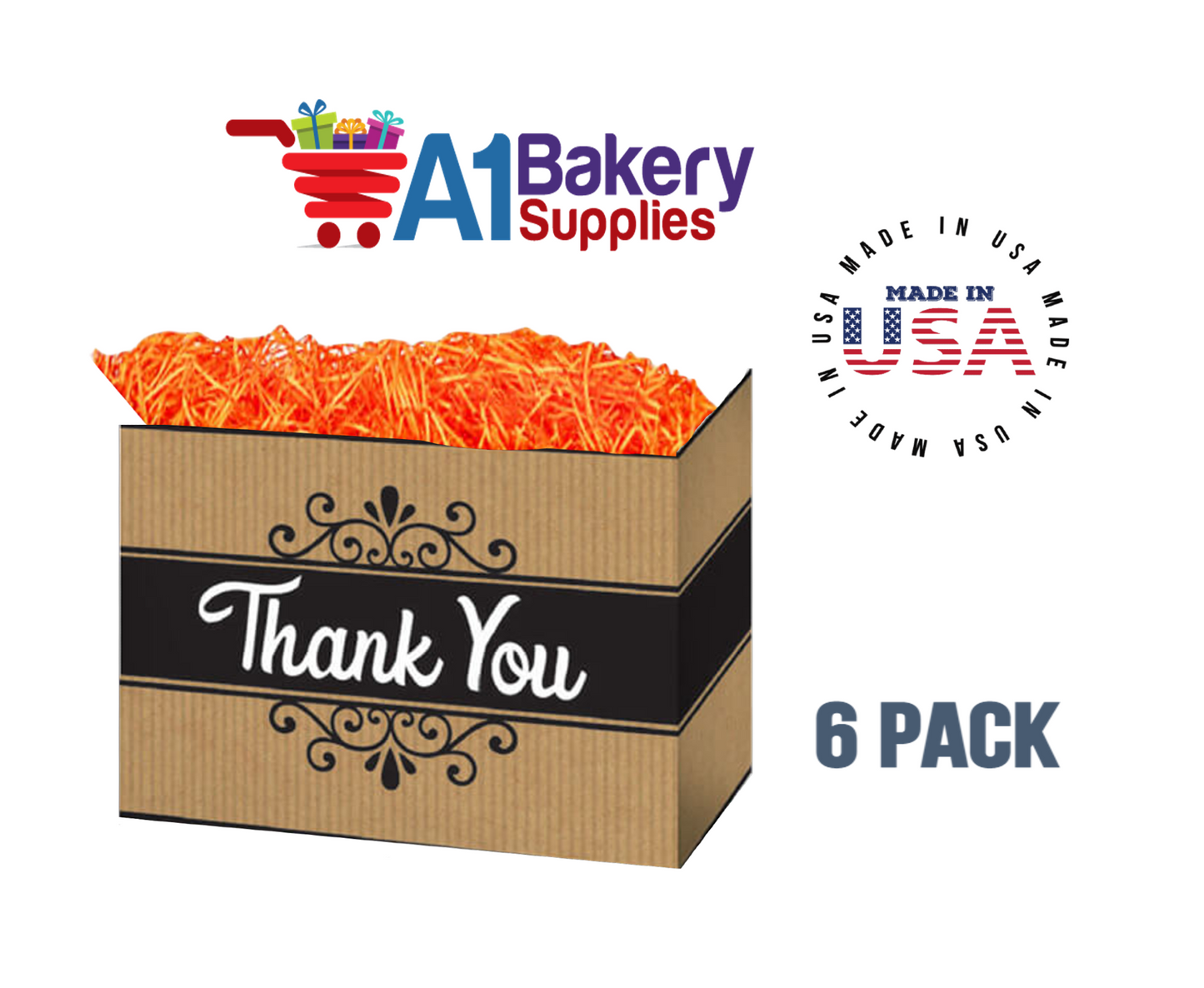 Thank You Kraft Stripes Basket Box, Theme Gift Box, Large 10.25 (Length) x 6 (Width) x 7.5 (Height), 6 Pack