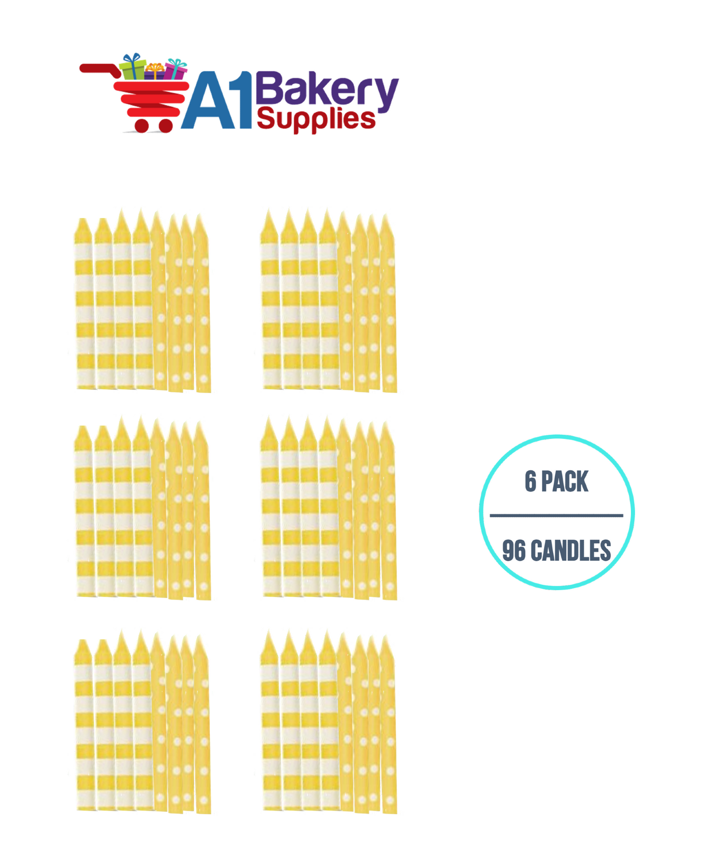 A1BakerySupplies Yellow Stripes And Dots Candles 6 pack for Birthday Cake Decorations and Anniversary